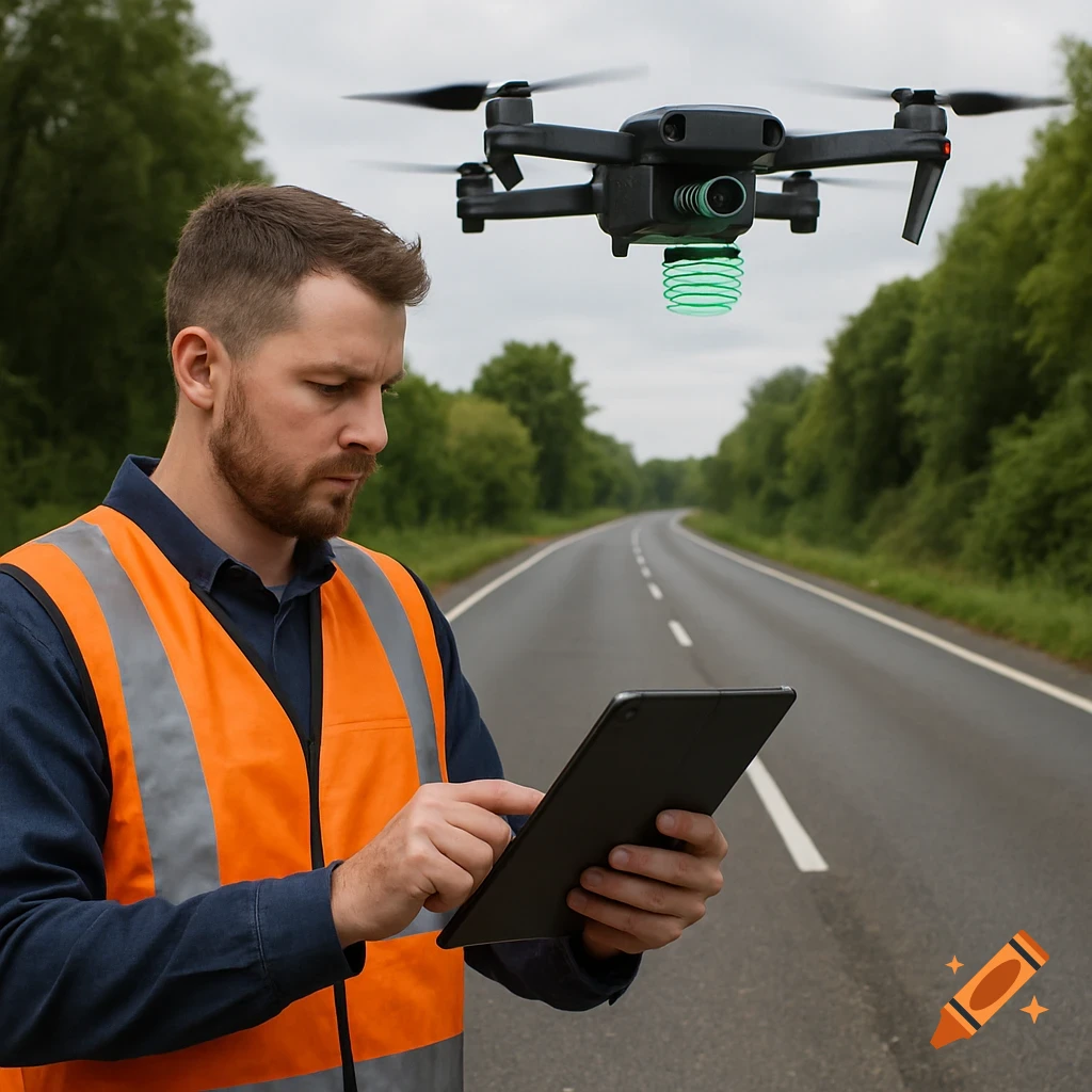 A man in an orange vest uses a tablet while a drone hovers above a road.