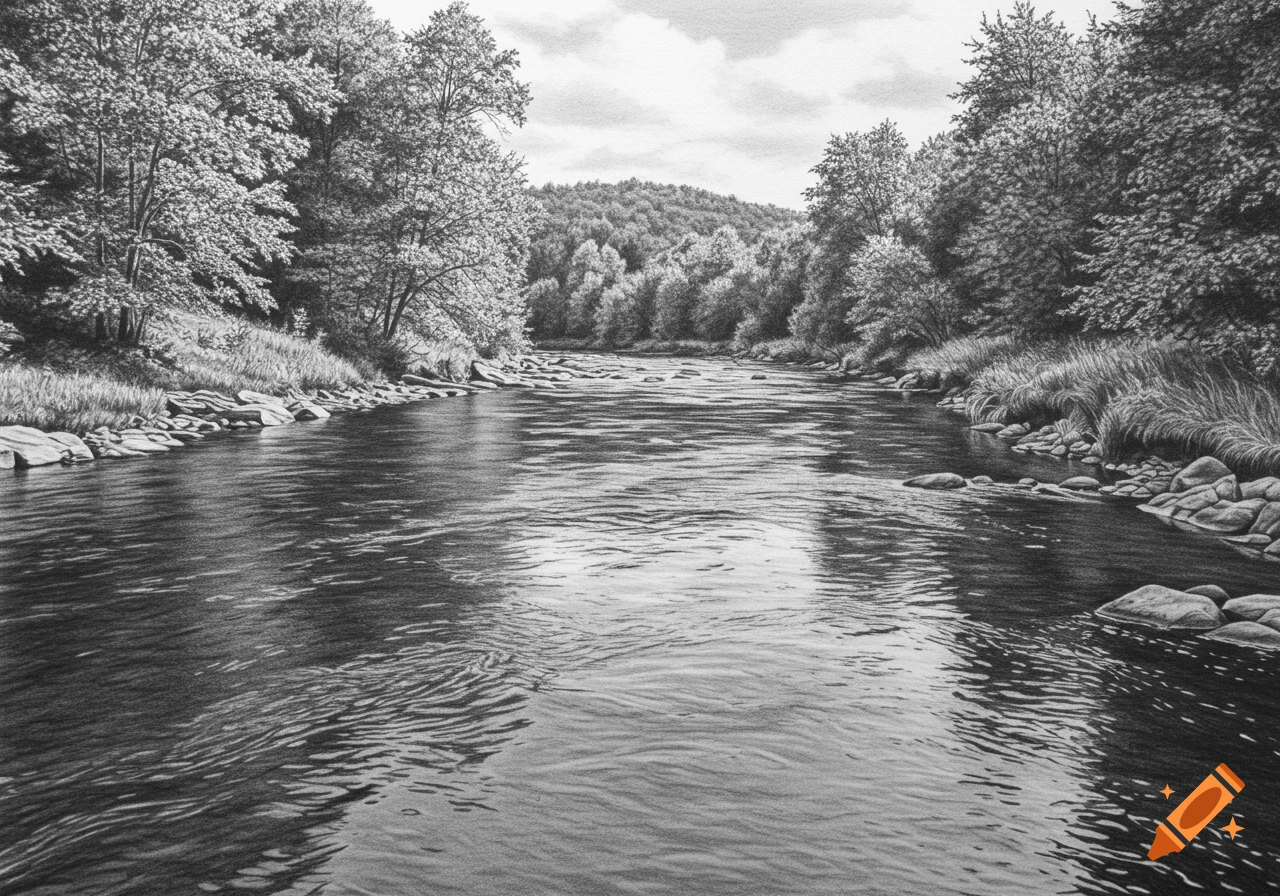 Graphite pencil drawing of a river flowing through a forest