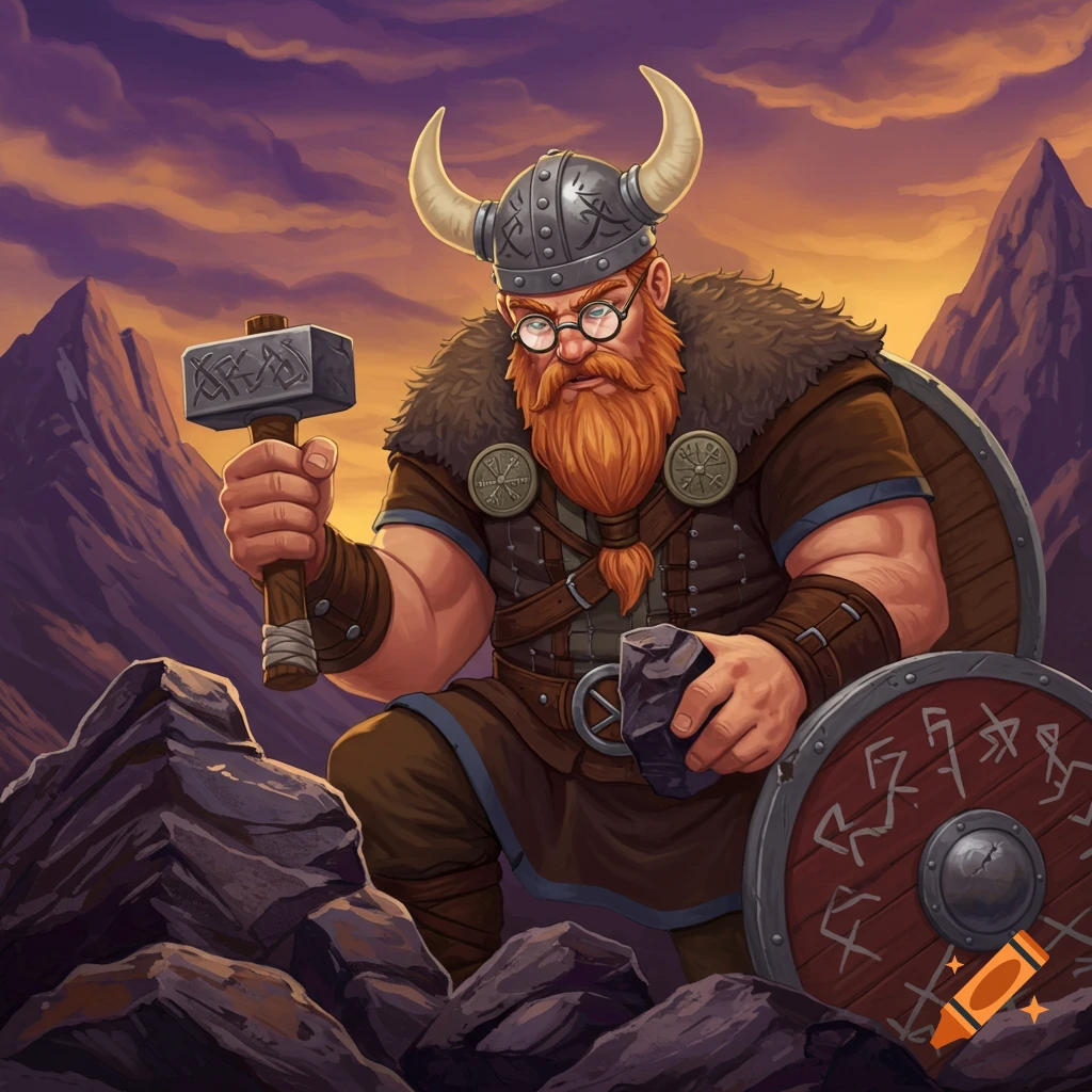 Stylized illustration of a Viking geologist with glasses, holding a hammer and rock, wearing a horned helmet and shield.