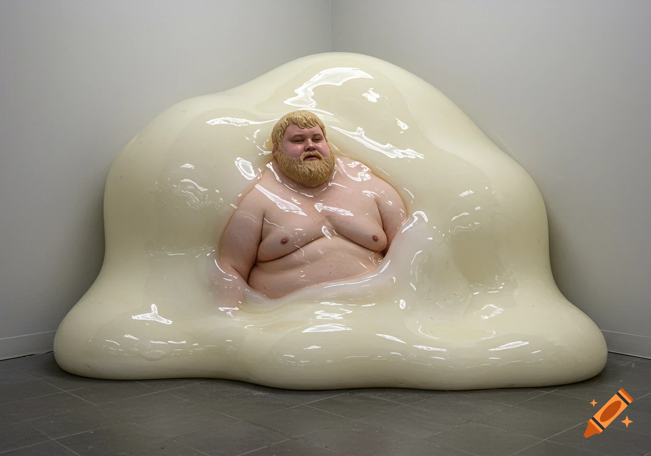 A bearded man partially submerged in a large, glossy, yellowish blob substance in a room.