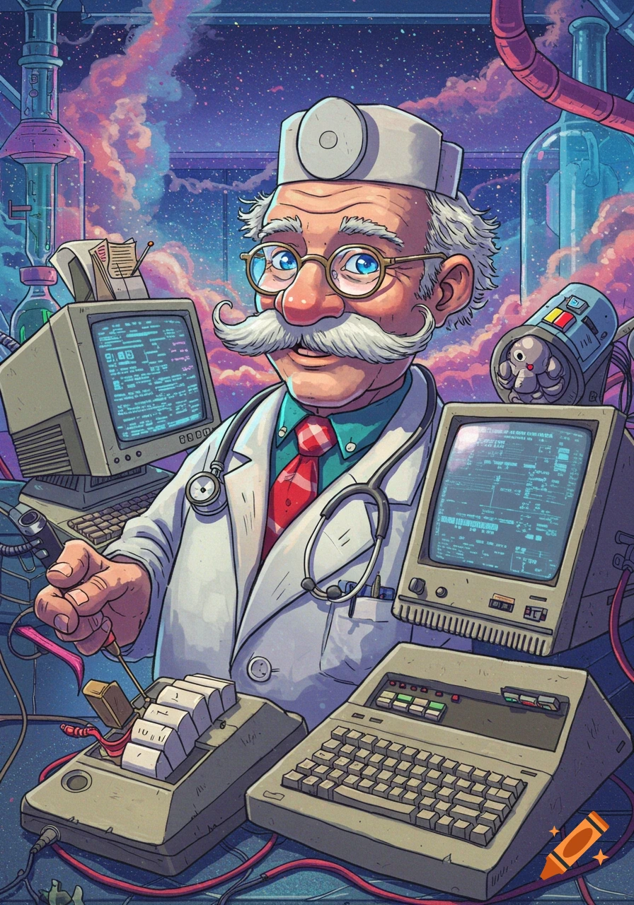 A cartoon doctor with a mustache and stethoscope works with retro computers in a lab with a cosmic background.