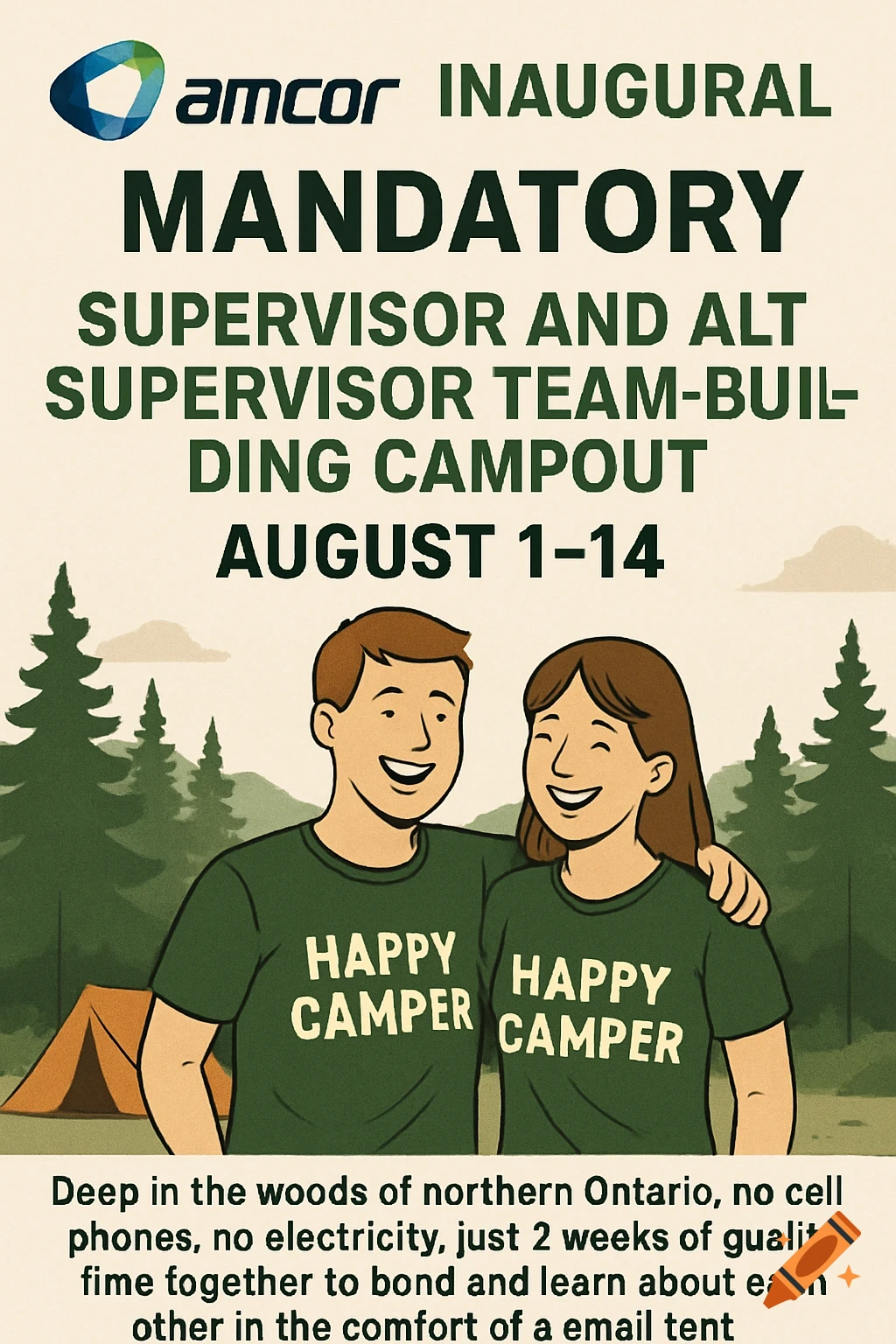 Cartoon flyer for an Amcor company team-building campout, showing two smiling campers in Happy Camper shirts in front of a tent and trees, with event details text.