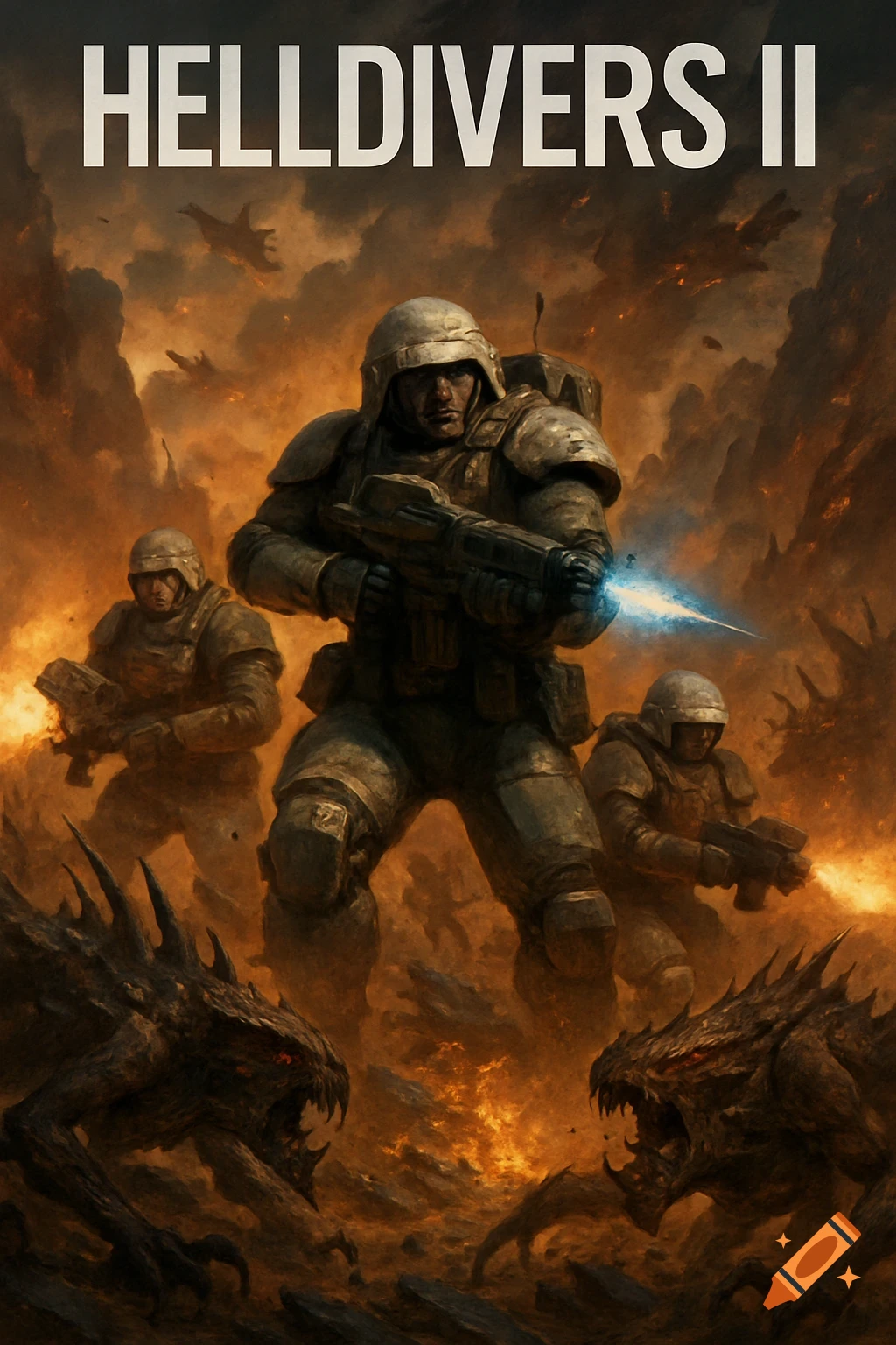 Sci-fi soldiers battle monstrous alien creatures on a battlefield with the title 'HELLDIVERS II' above.
