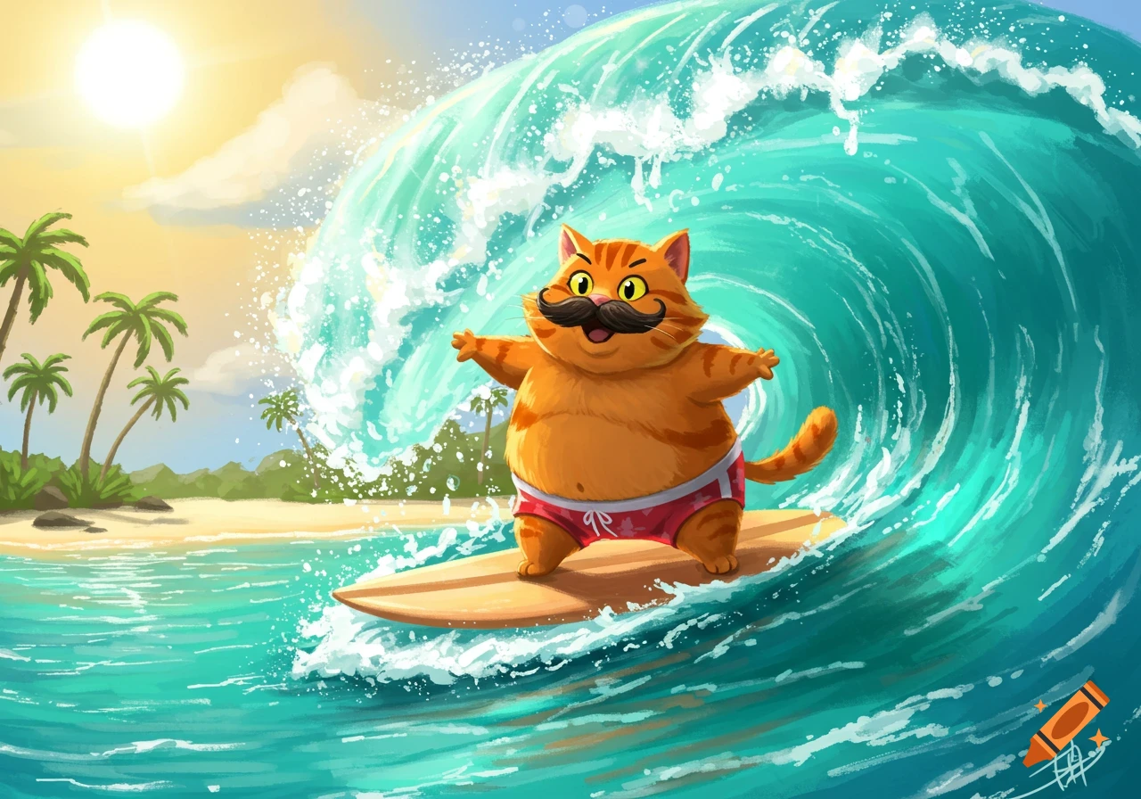 Cartoon cat with a mustache surfing a large wave near a tropical beach.