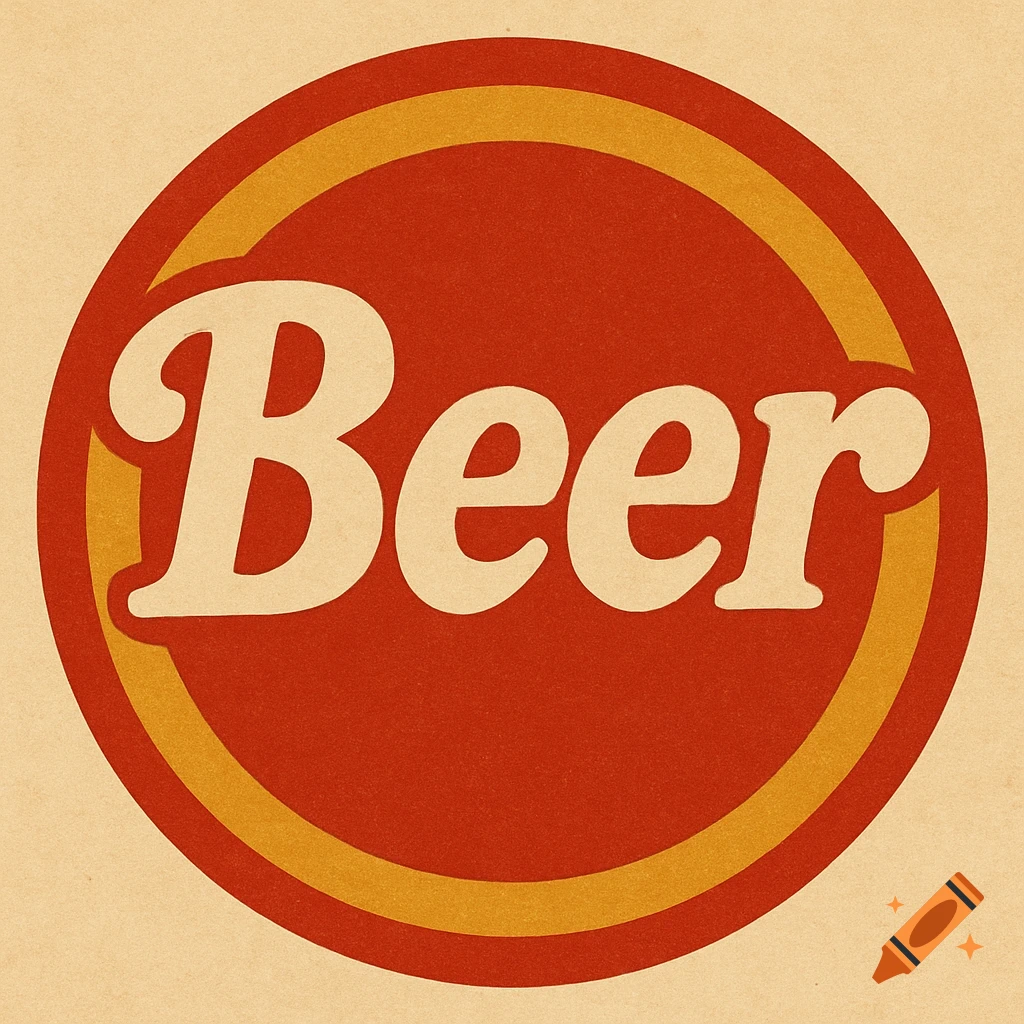 Retro circular beer logo with the word 'Beer' in script font on a red background with yellow rings.