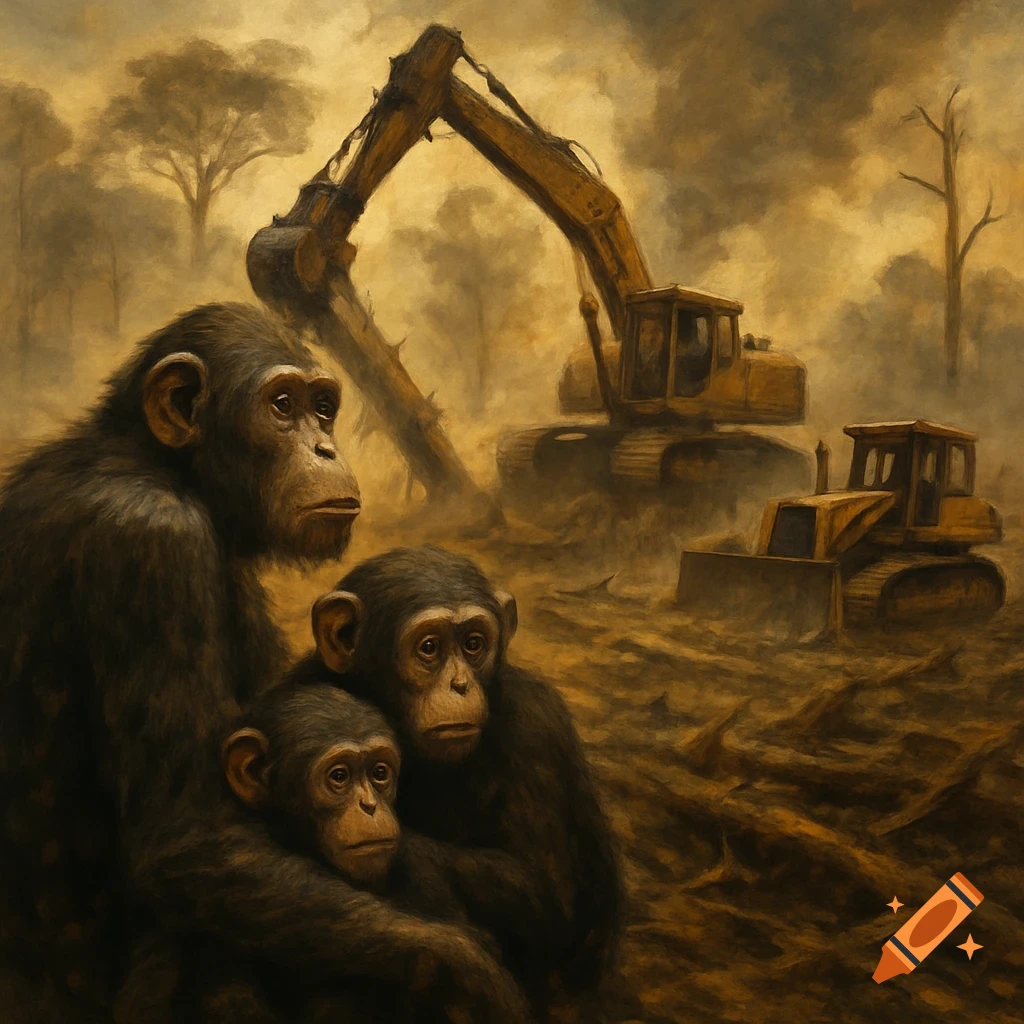 Digital painting of three chimpanzees watching construction equipment destroy a forest