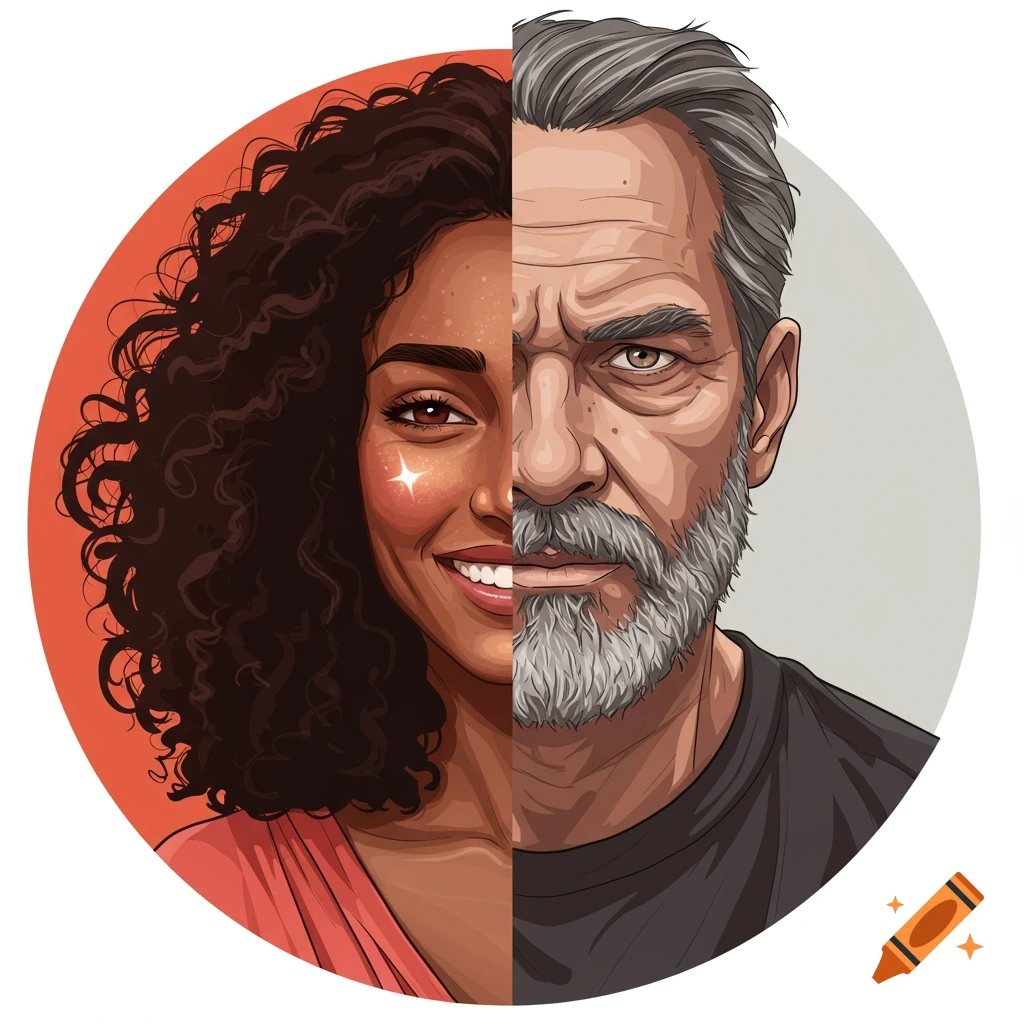 Vertically split vector portrait of a young woman and an older man.