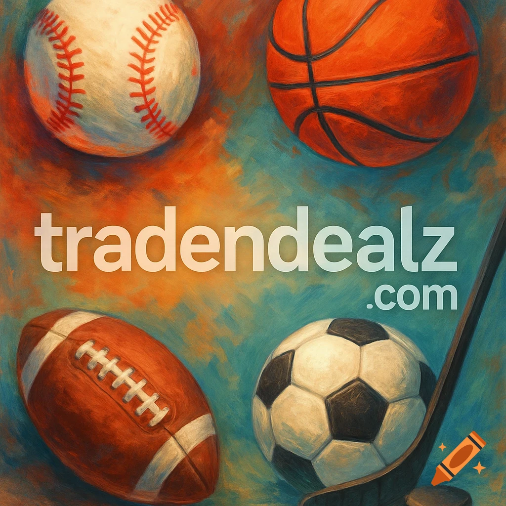 Sports balls and hockey stick with 'tradendealz.com' text overlay in a painterly style.
