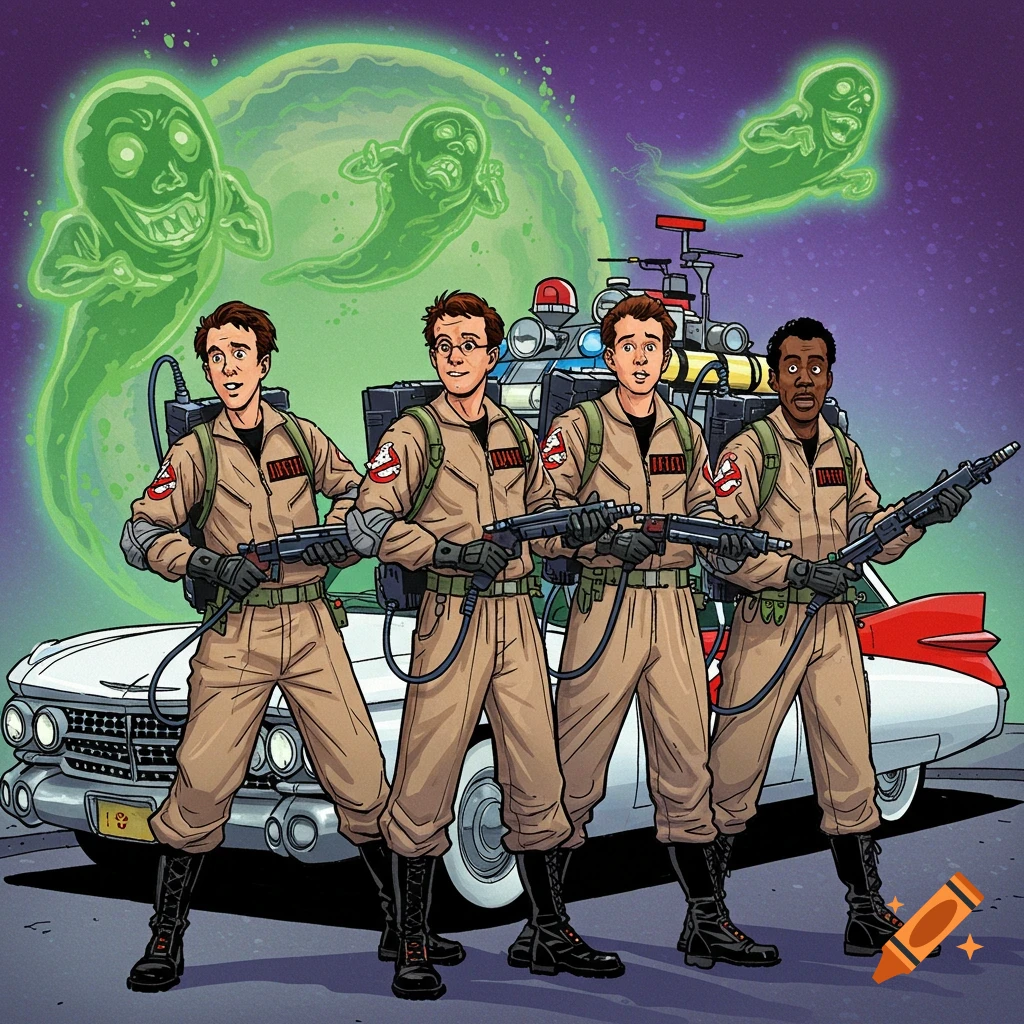 Four cartoon men in tan uniforms with proton packs stand with a white car as green ghosts float in the background.