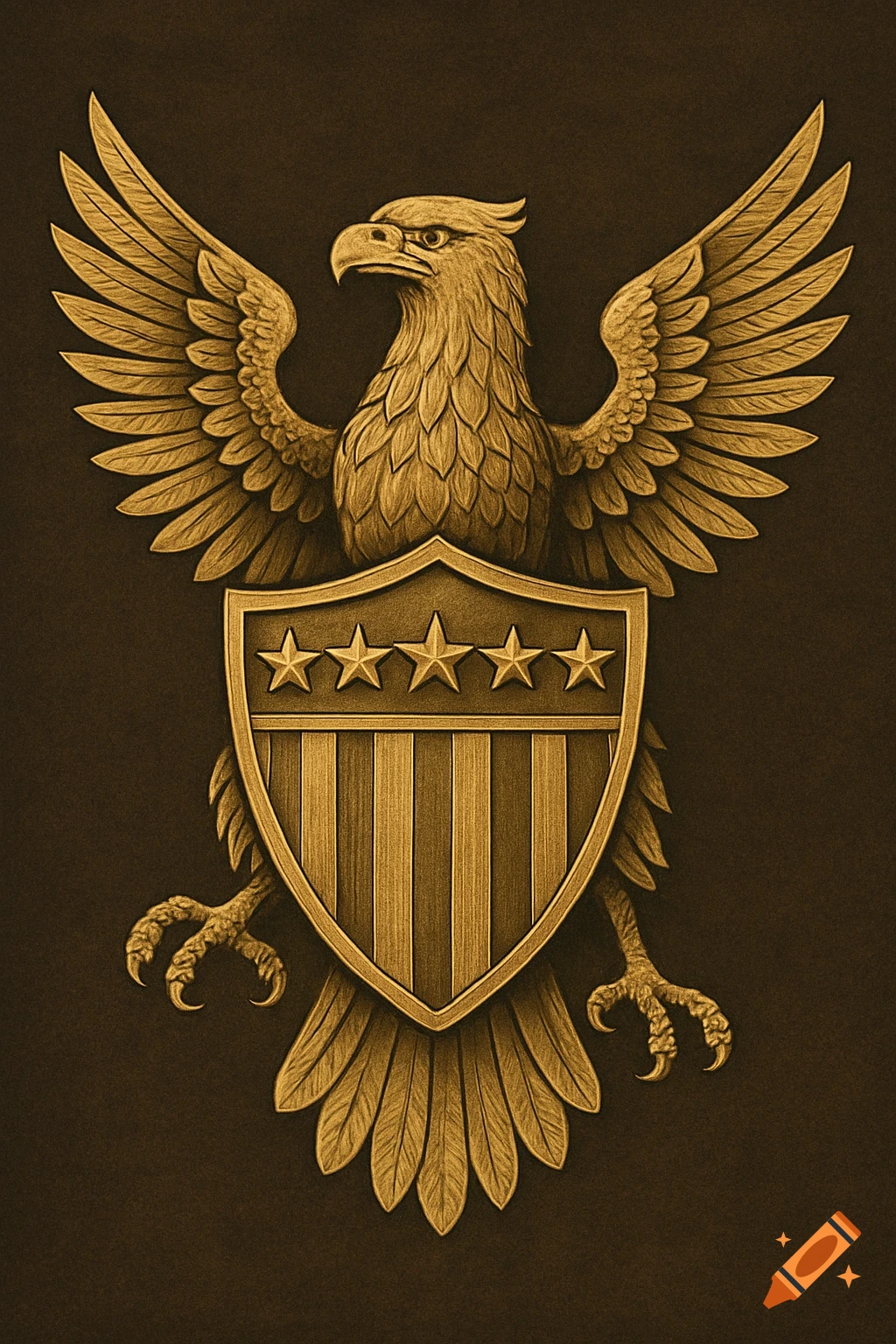 Gold eagle emblem with a shield and five stars