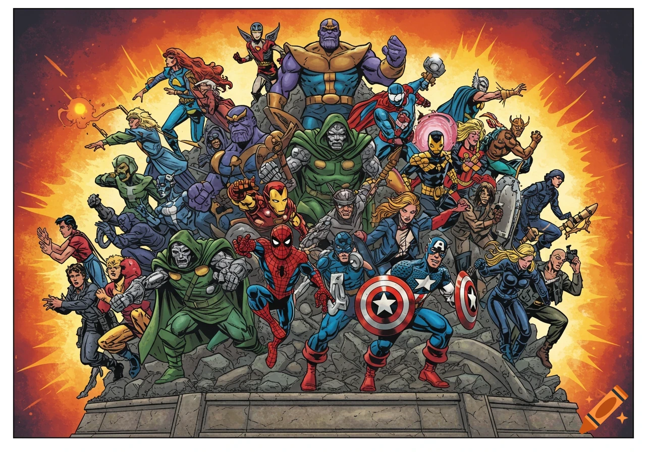 Large group of Marvel superheroes and villains in comic art style on a rocky base with an explosive background.