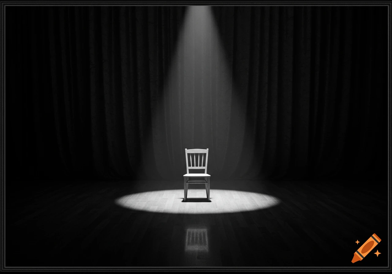 A white chair sits alone in a spotlight on a dark stage. Black and white image.