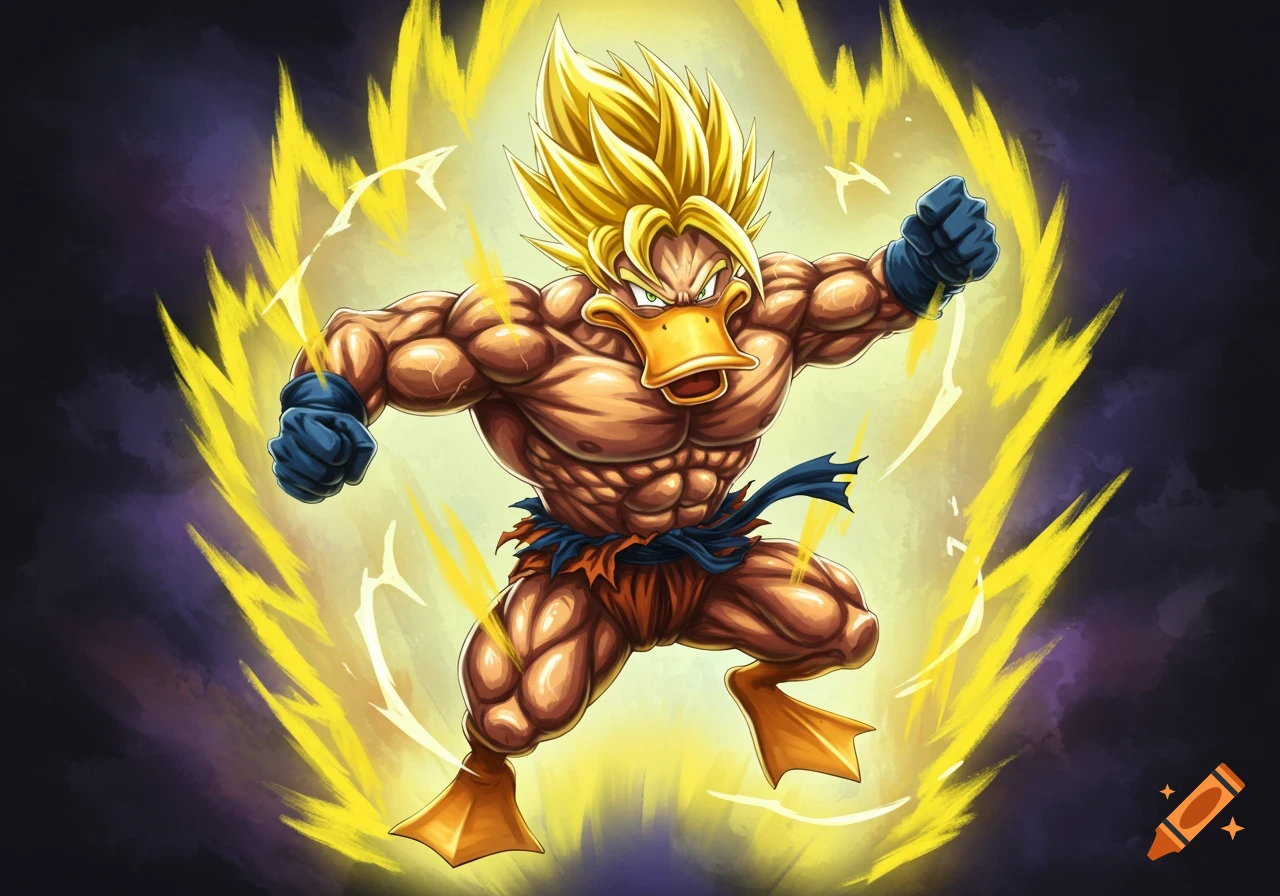 A muscular duck with spiky golden hair is surrounded by a yellow energy aura.