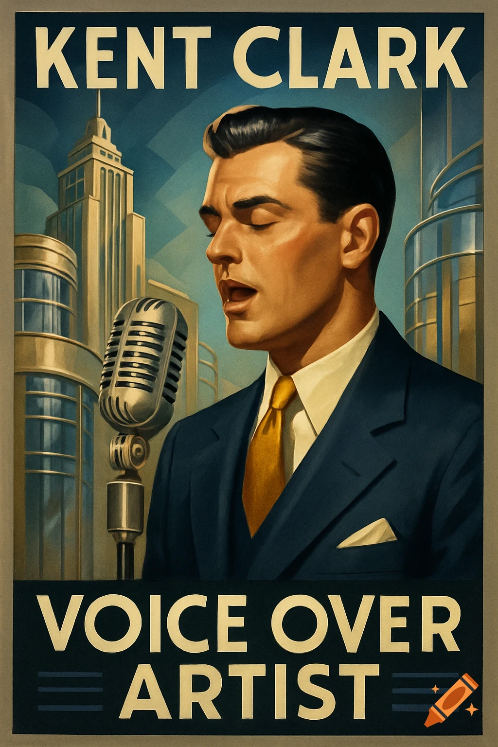 Art Moderne poster of Kent Clark singing into a microphone, with text 'KENT CLARK VOICE OVER ARTIST'