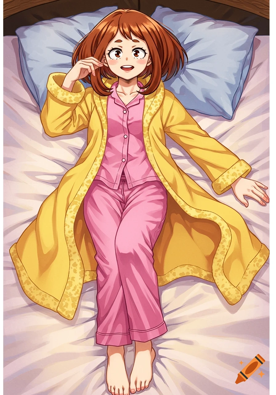 Anime style depiction of Ochako Uraraka from My Hero Academia in pink pajamas and a yellow robe, lying on a bed.