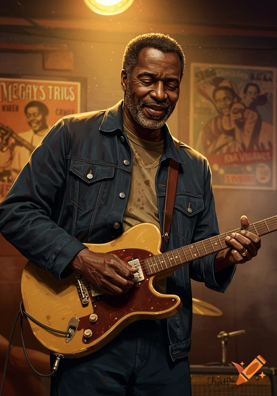 An older Black man playing an electric guitar on stage, illustration