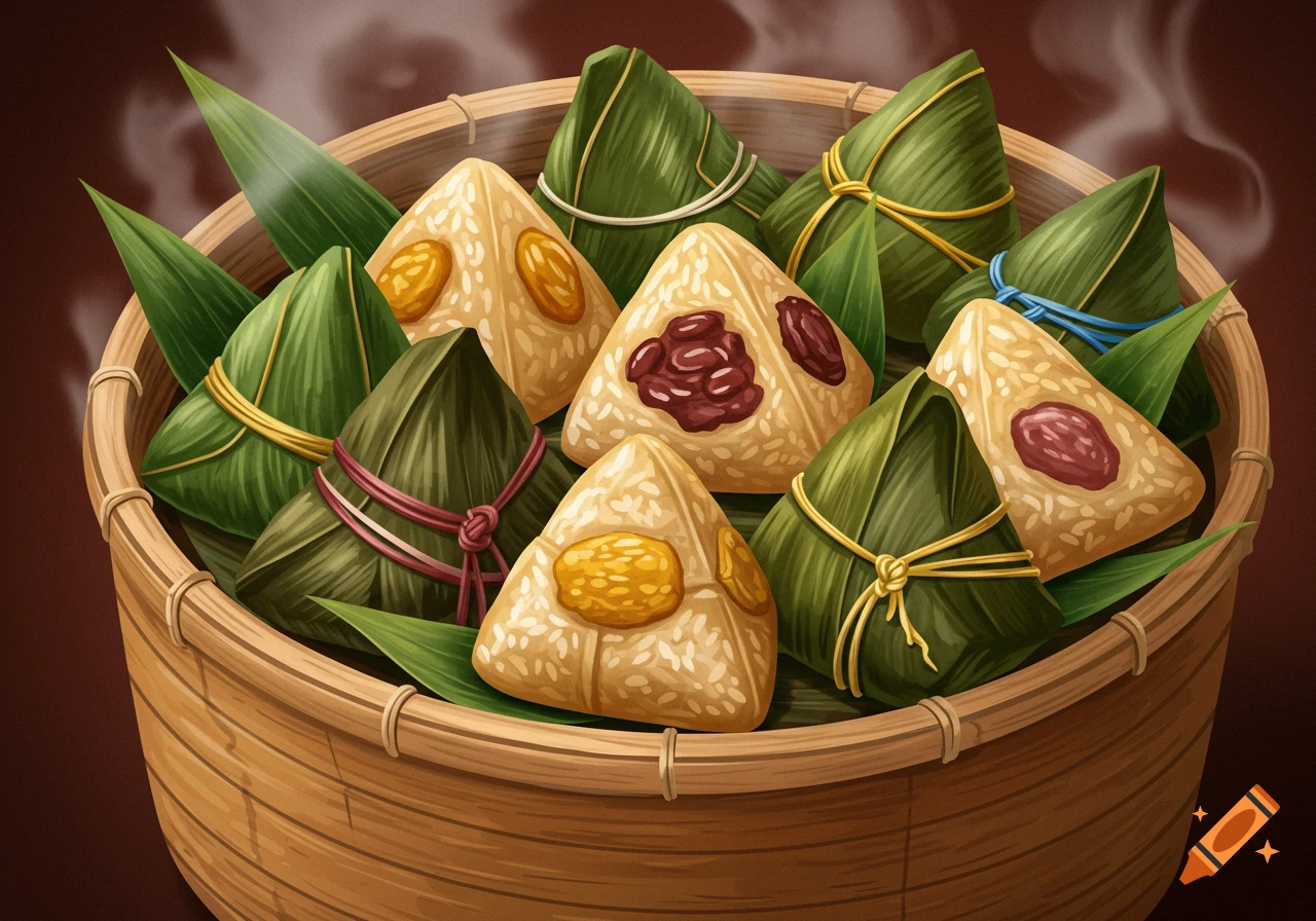 A steam basket filled with various Zongzi (rice dumplings), some wrapped in leaves, some open to show red bean and other fillings, in an illustrated style.