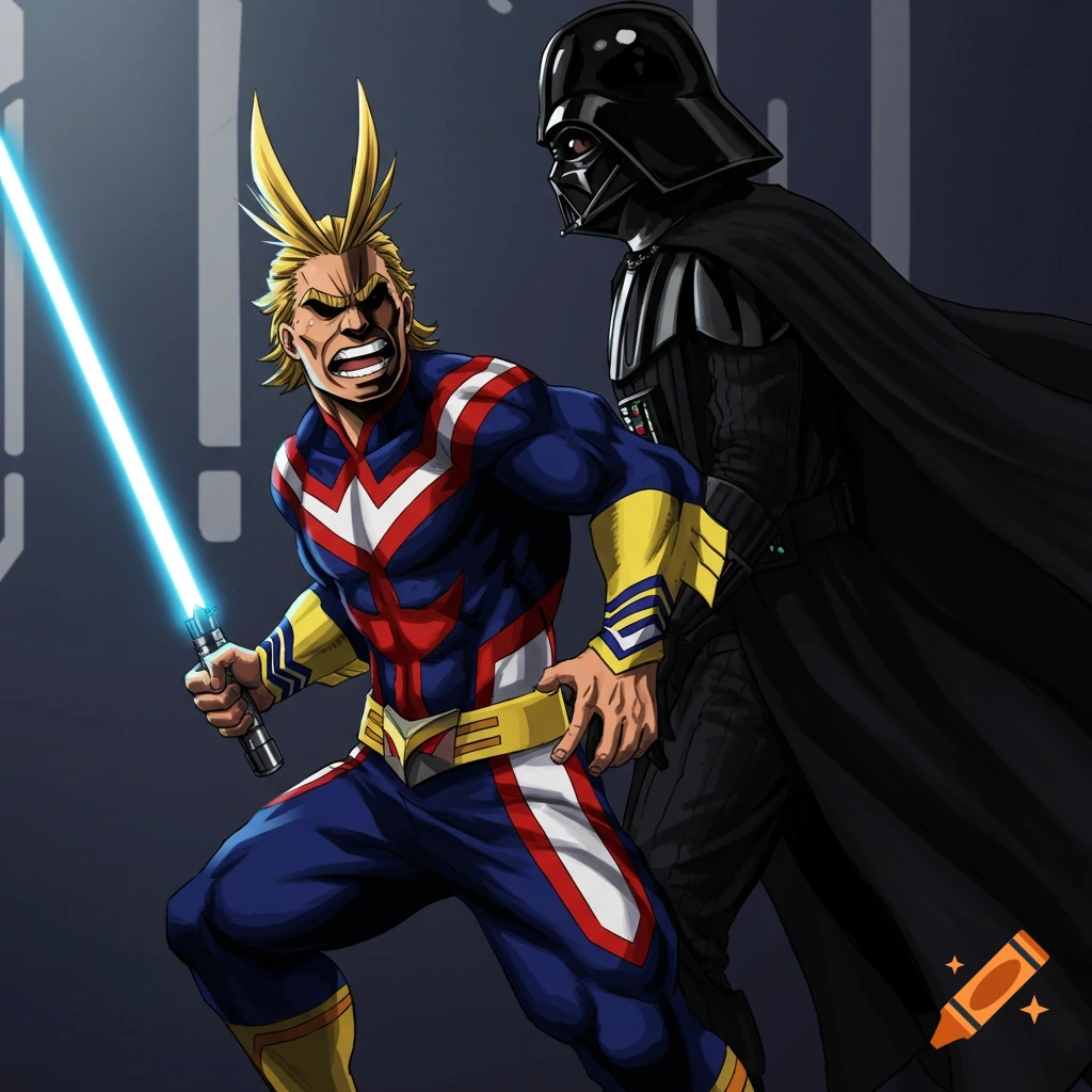 All Might and Darth Vader face off with lightsabers in an anime style.