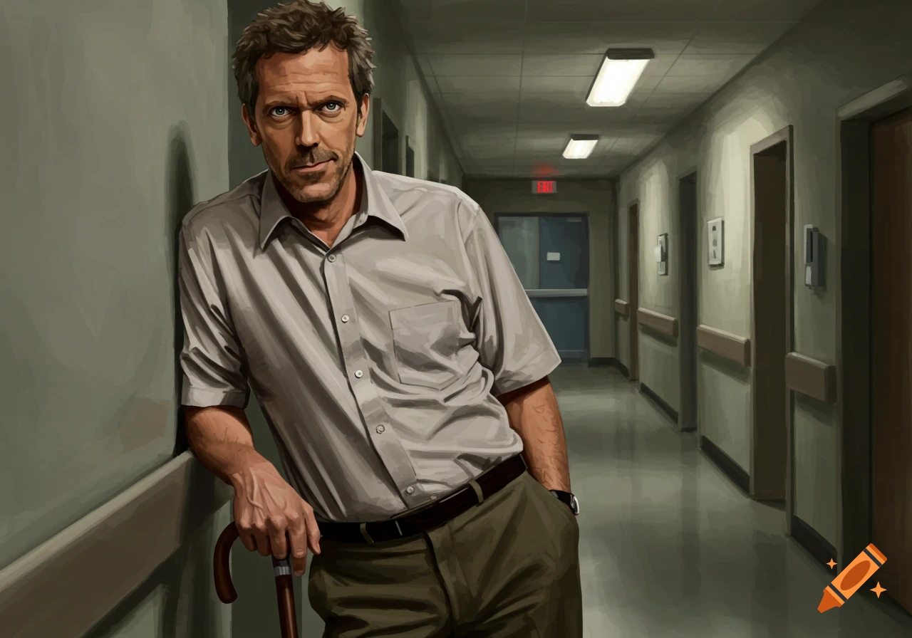 Illustration of a man resembling Dr. House leaning on a wall in a hospital hallway, holding a cane.