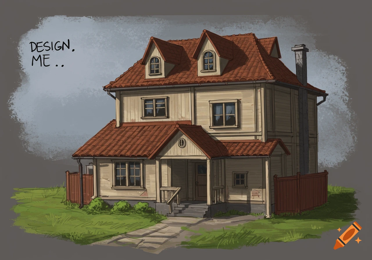 A drawing of a house with a red tile roof and porch. on Craiyon