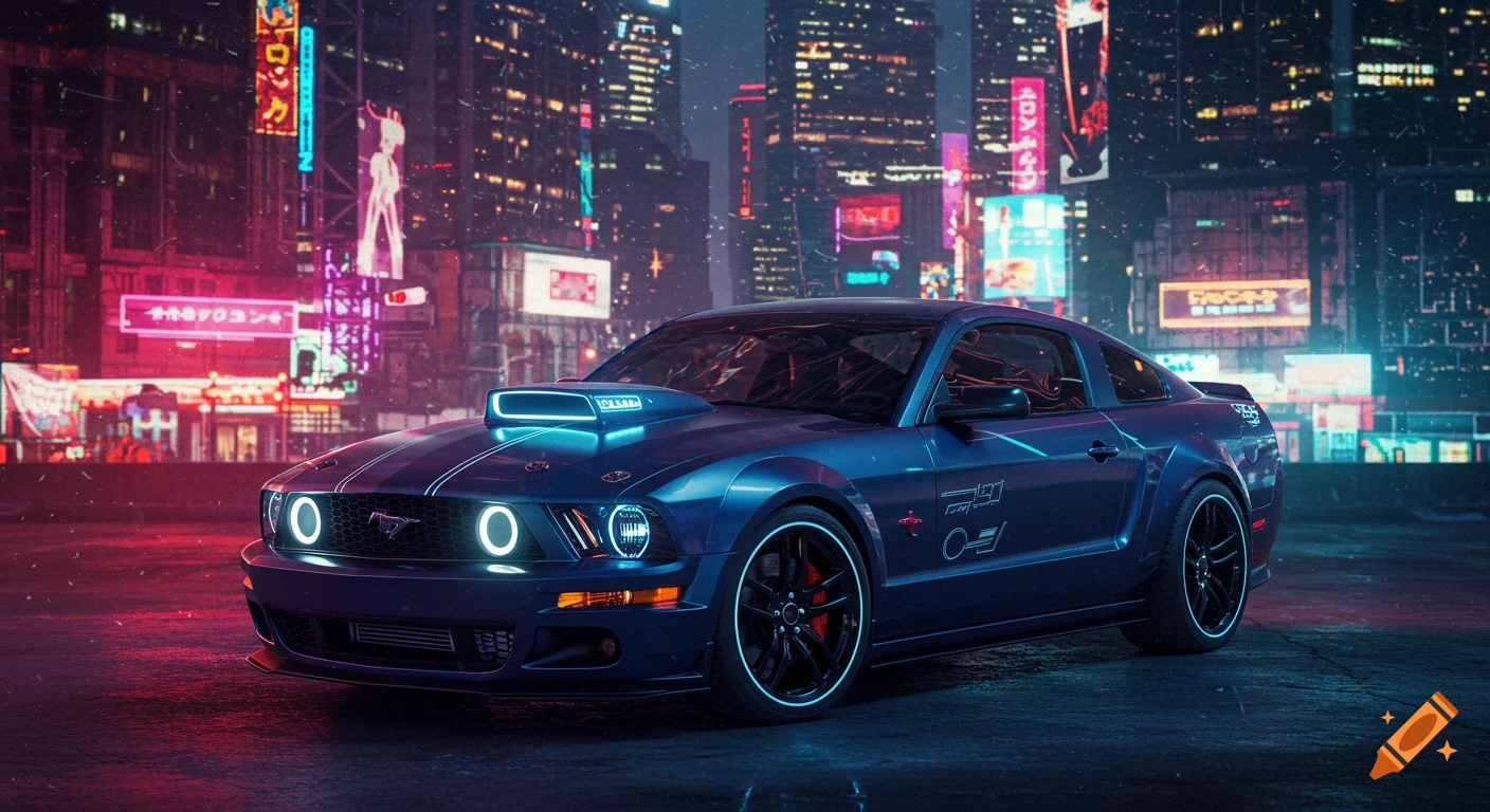 A blue Ford Mustang with a hood scoop parked in a cyberpunk city street at night, lit by neon signs.