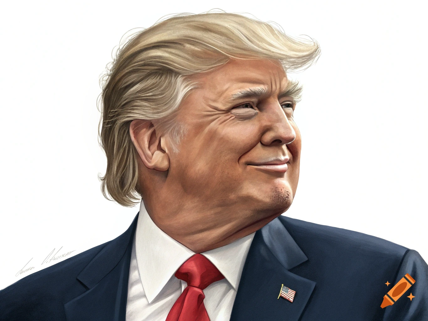 Caricature portrait of Donald Trump in a suit and red tie, smiling and looking right.