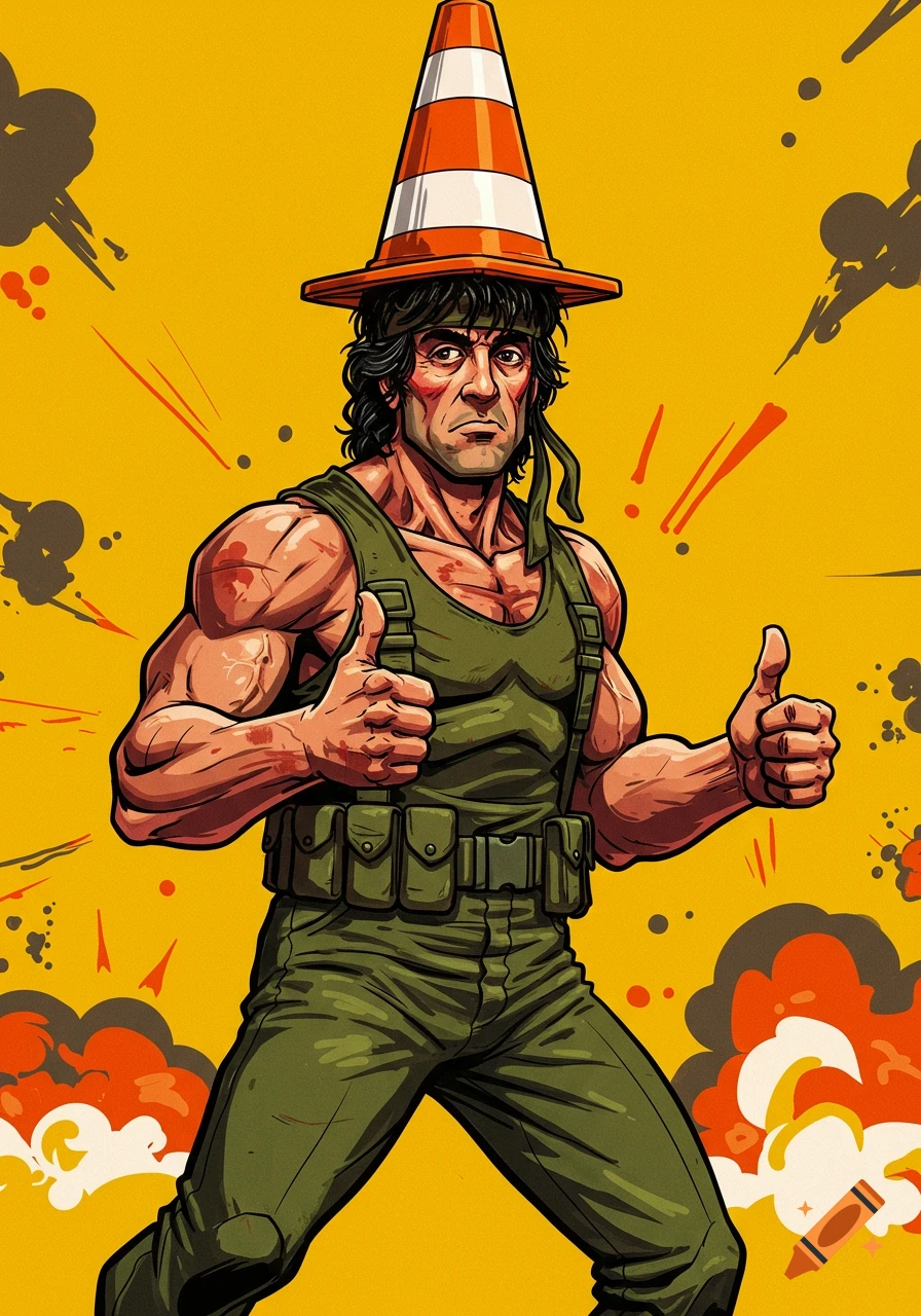 Stylized depiction of Rambo wearing a traffic cone and giving two thumbs up against an action background.