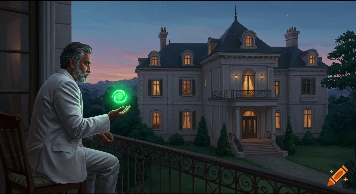 A bearded man in a white suit sits on a balcony, holding a glowing green orb while looking at a large mansion at dusk.