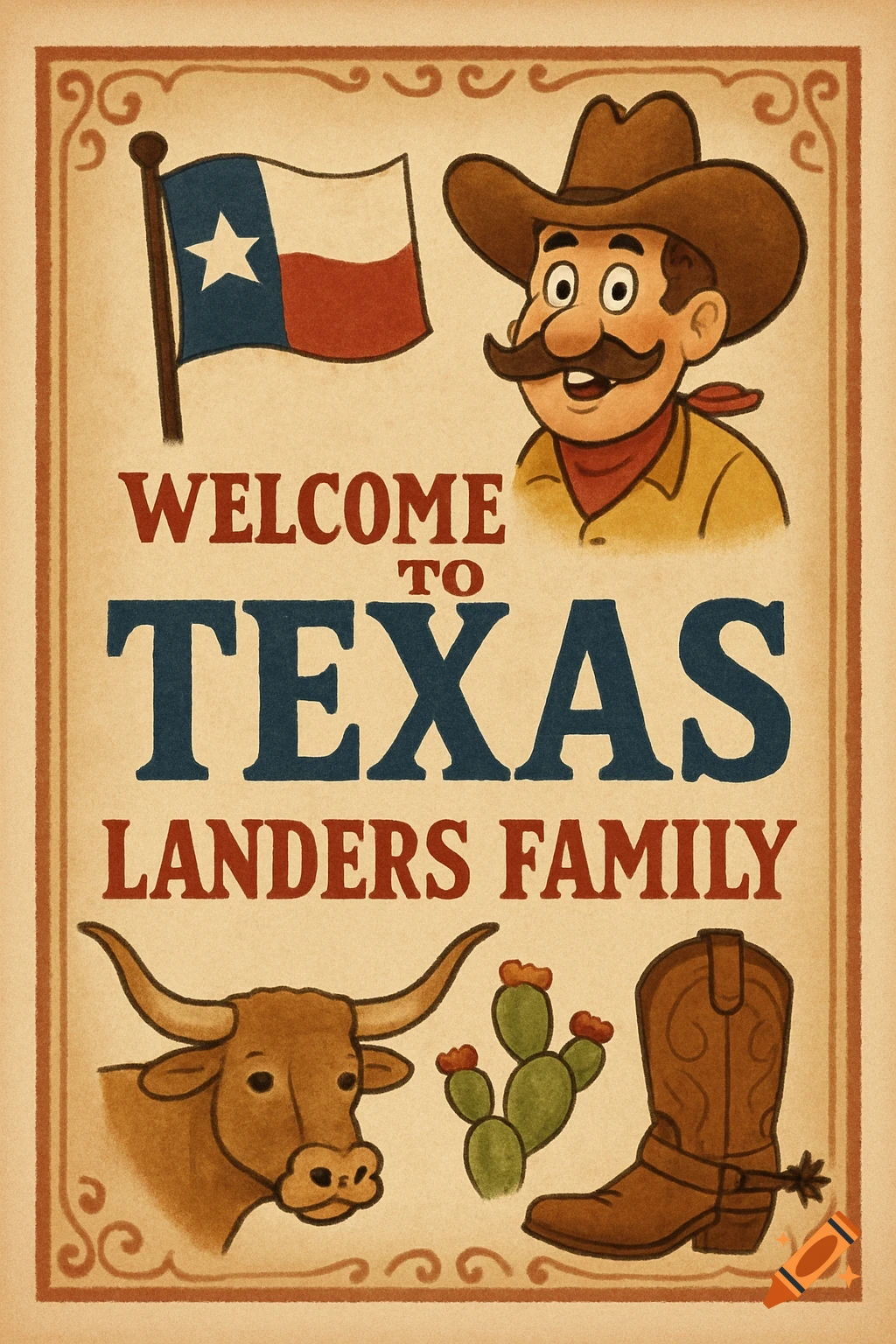 Cartoon Texas poster with cowboy, flag, longhorn, cactus, boot, and text 'Welcome to Texas Landers Family' in vintage style.