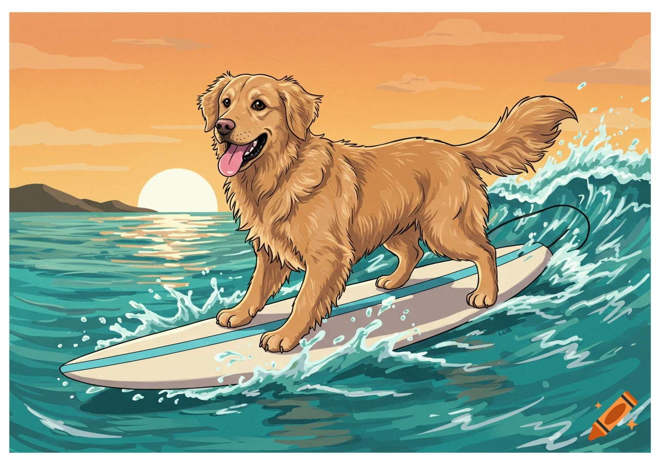 Golden retriever dog surfing on a surfboard in the ocean at sunset, illustration style.