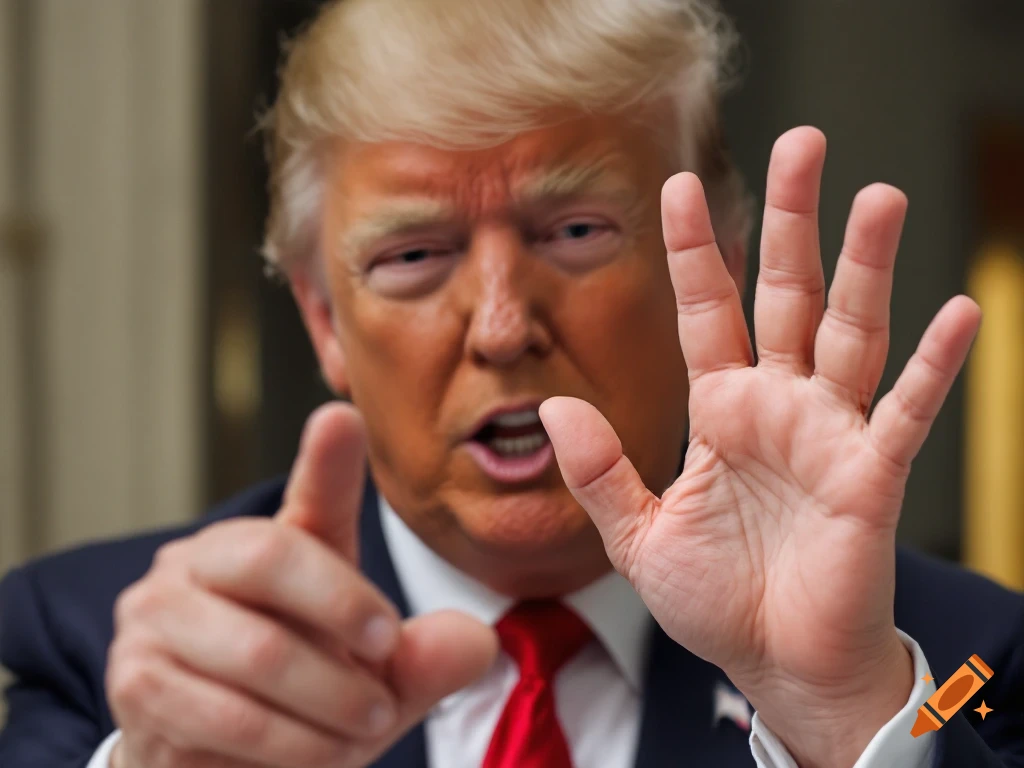 Close-up portrait of Donald Trump holding up both hands, showing four fingers on his right hand.