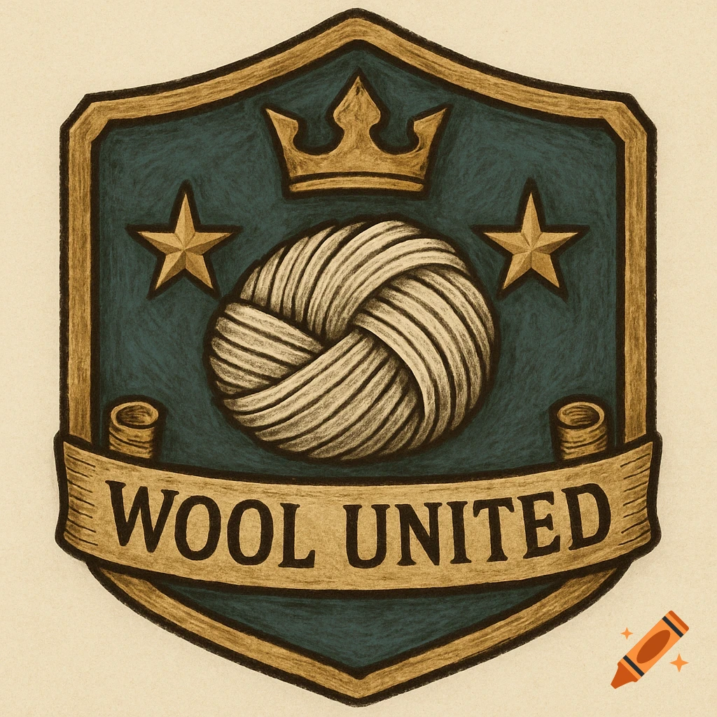Illustration of a badge with 'Wool United', a wool ball, crown, and stars