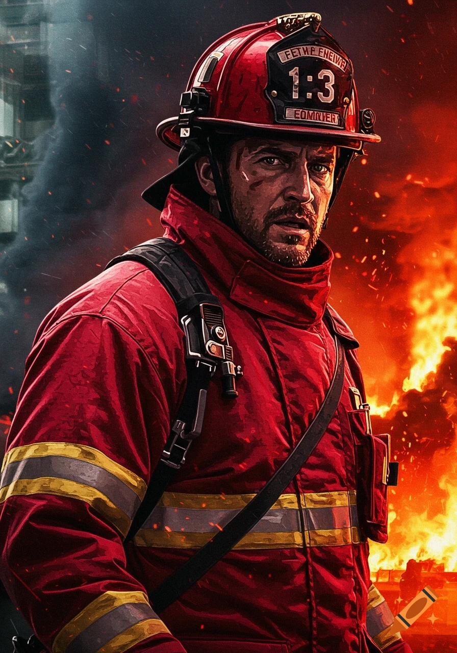 A firefighter stands before a fiery background.