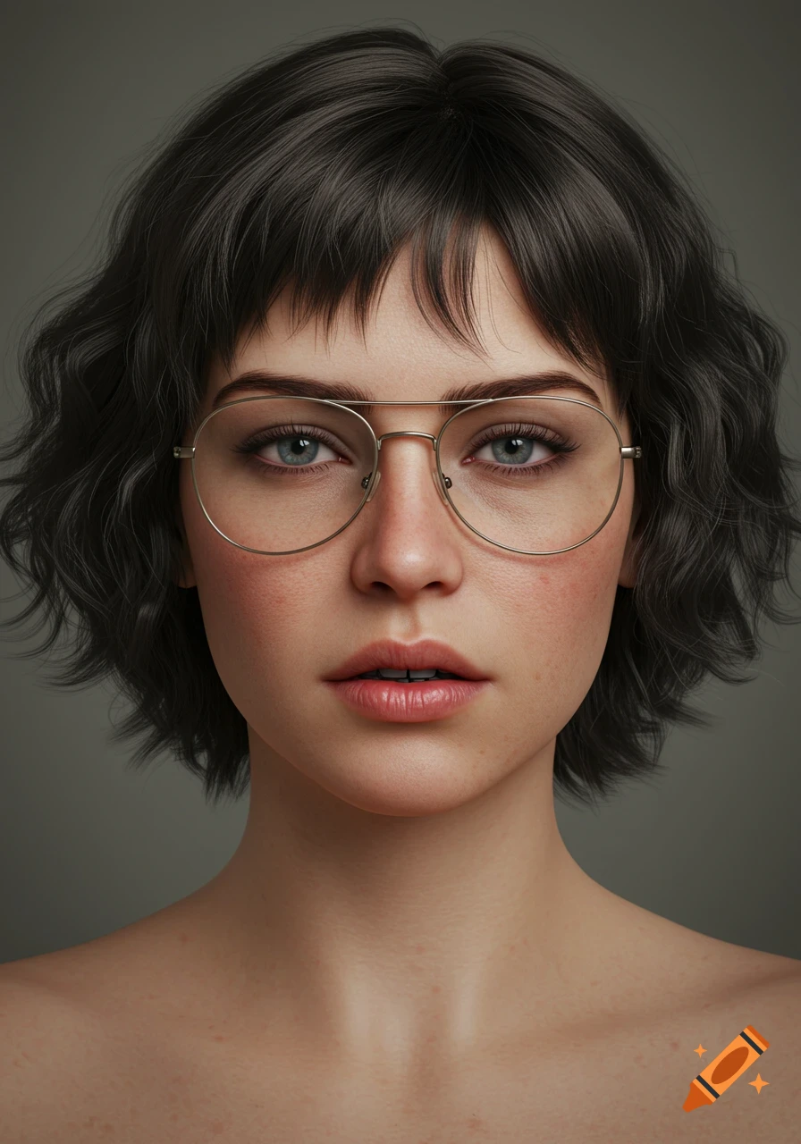 Close-up photorealistic portrait of a woman with aviator glasses and short dark hair.