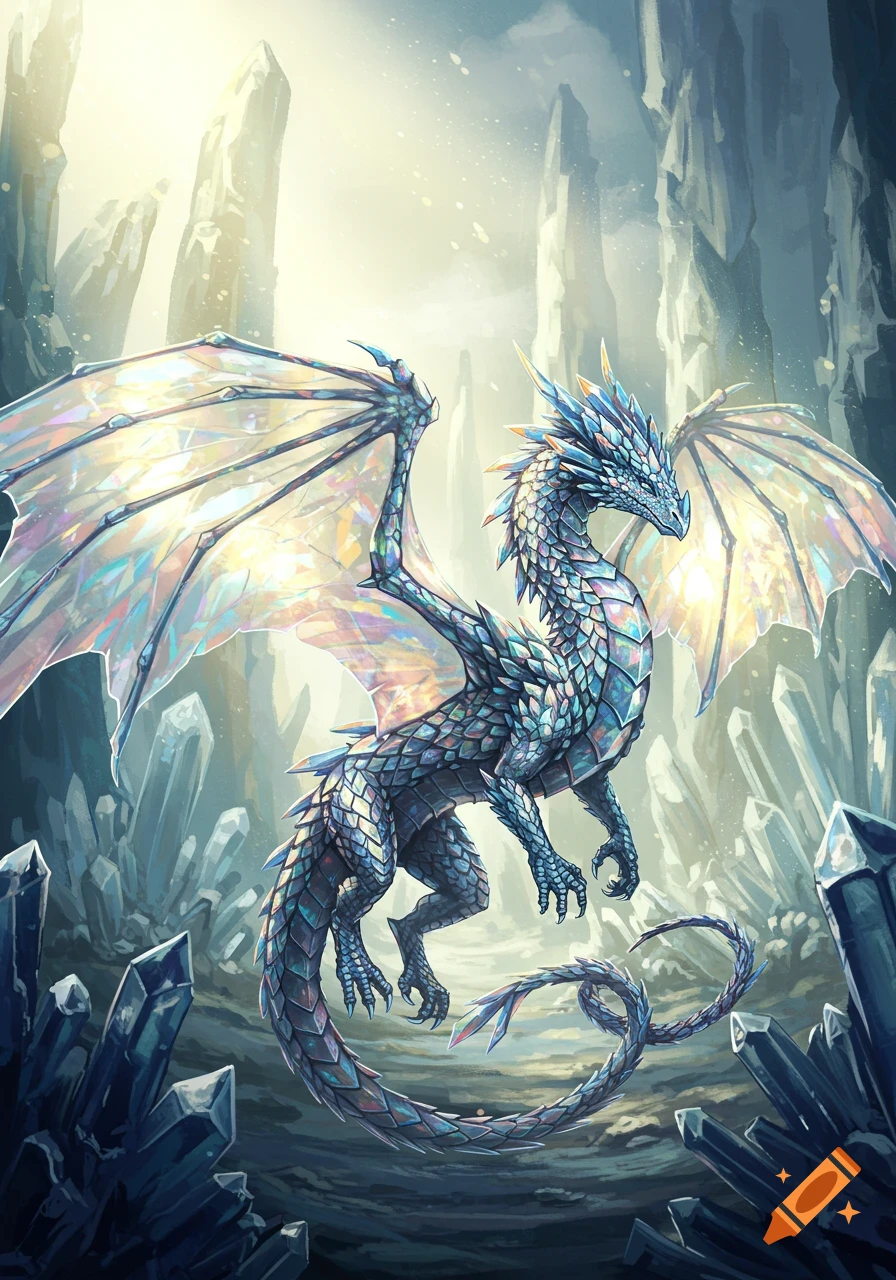 Digital painting of a crystal dragon in a crystal cave