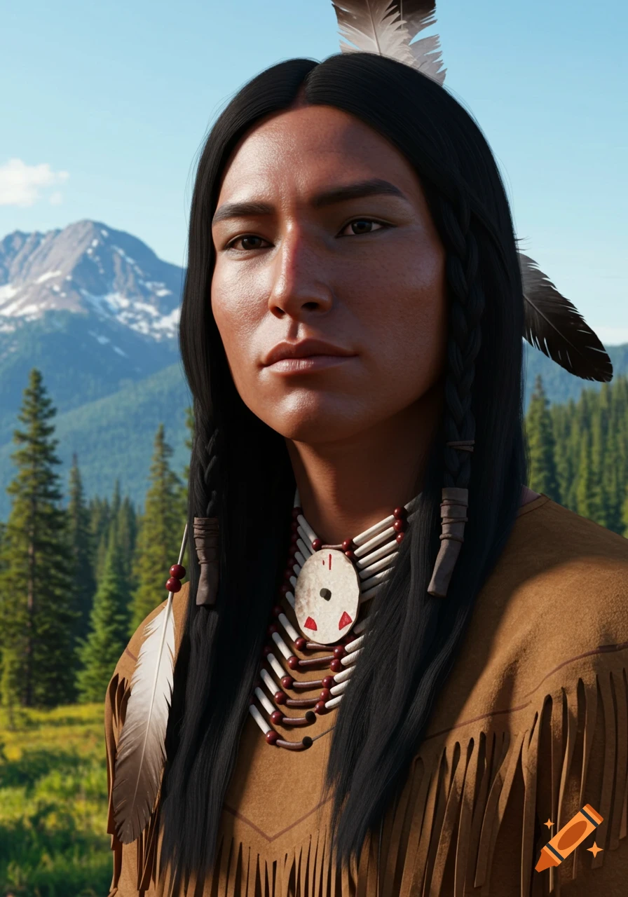 Photorealistic portrait of a young Native American man with feathers and necklace, standing outdoors.