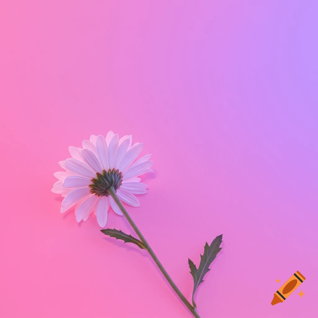 Underside of a white daisy with a green stem and leaves against a pink and purple gradient background.