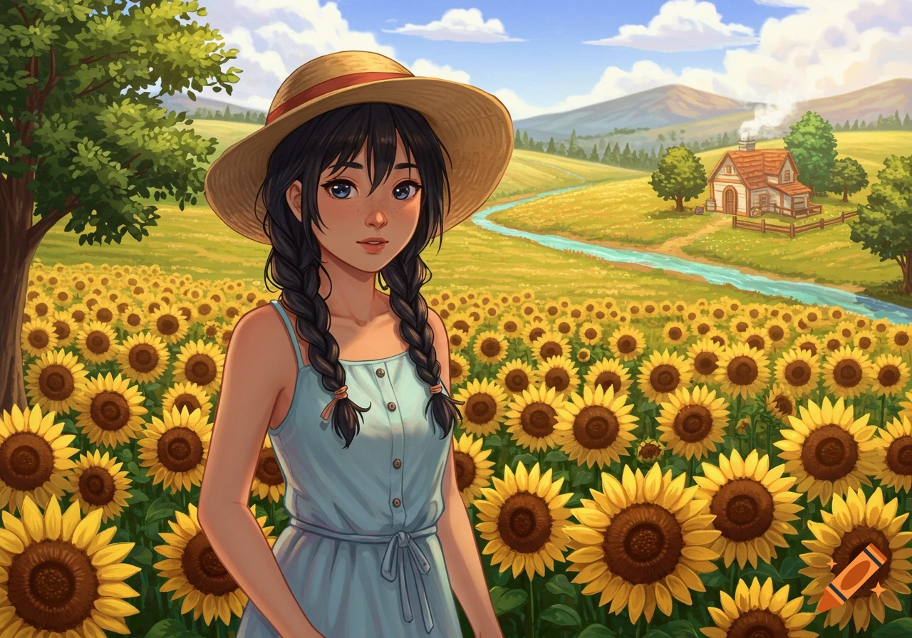 An anime girl stands in a vast sunflower field with a farmhouse in the distance.