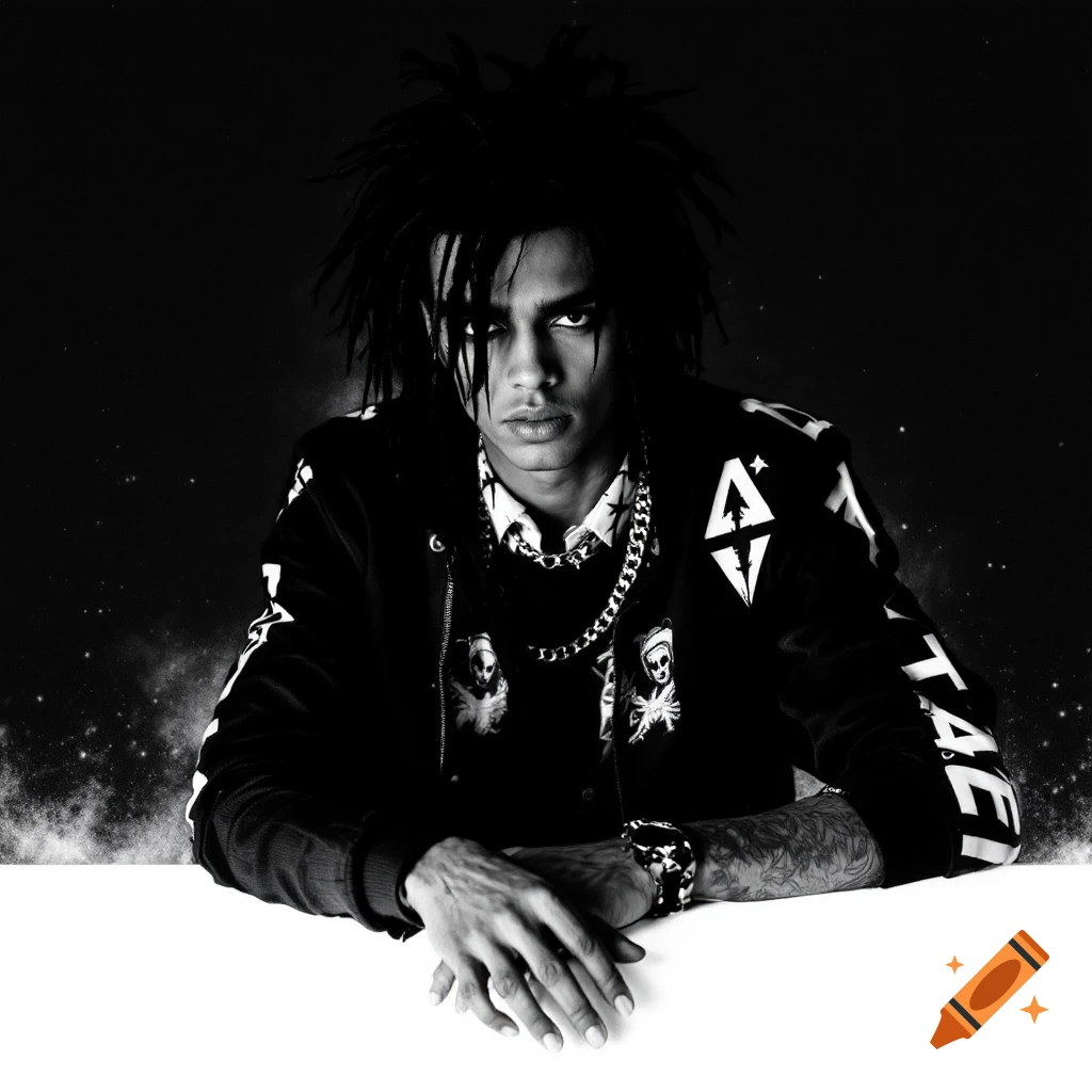 Black and white portrait of a person with dreadlocks wearing a jacket with patterns.
