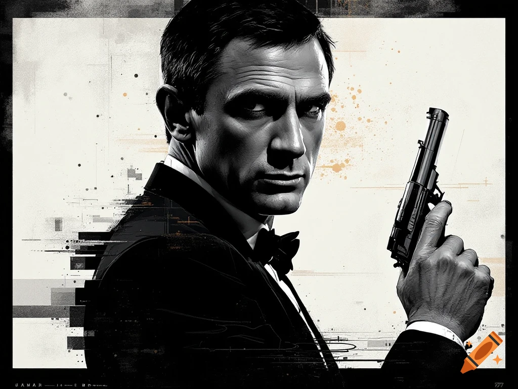 Black and white stylized portrait of a man in a suit holding a pistol, resembling James Bond.
