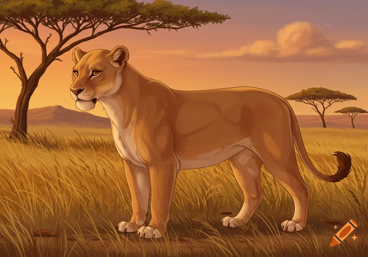 Illustration of a lioness in a savanna at sunset