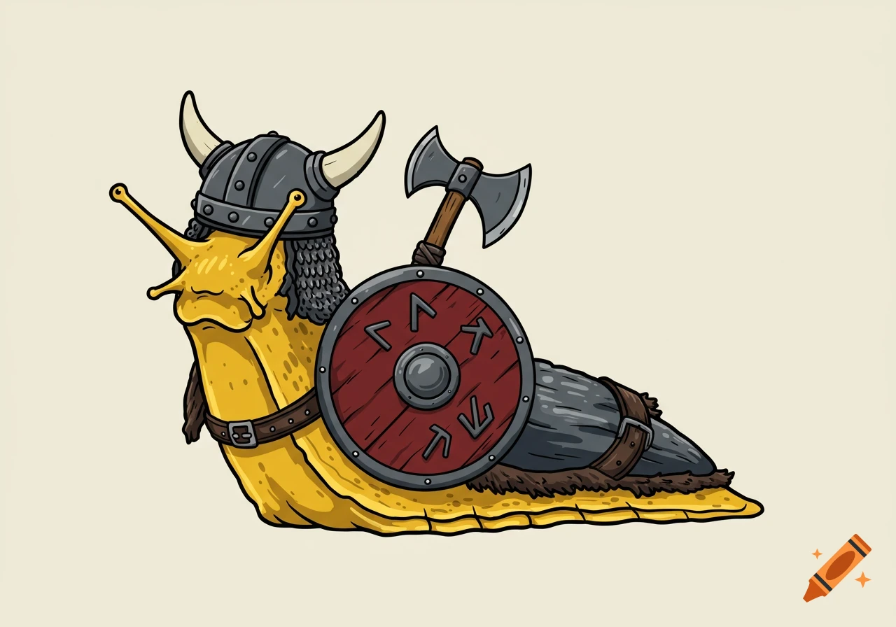 Cartoon illustration of a yellow banana slug dressed as a Viking, with helmet, chainmail, shield, and axe.