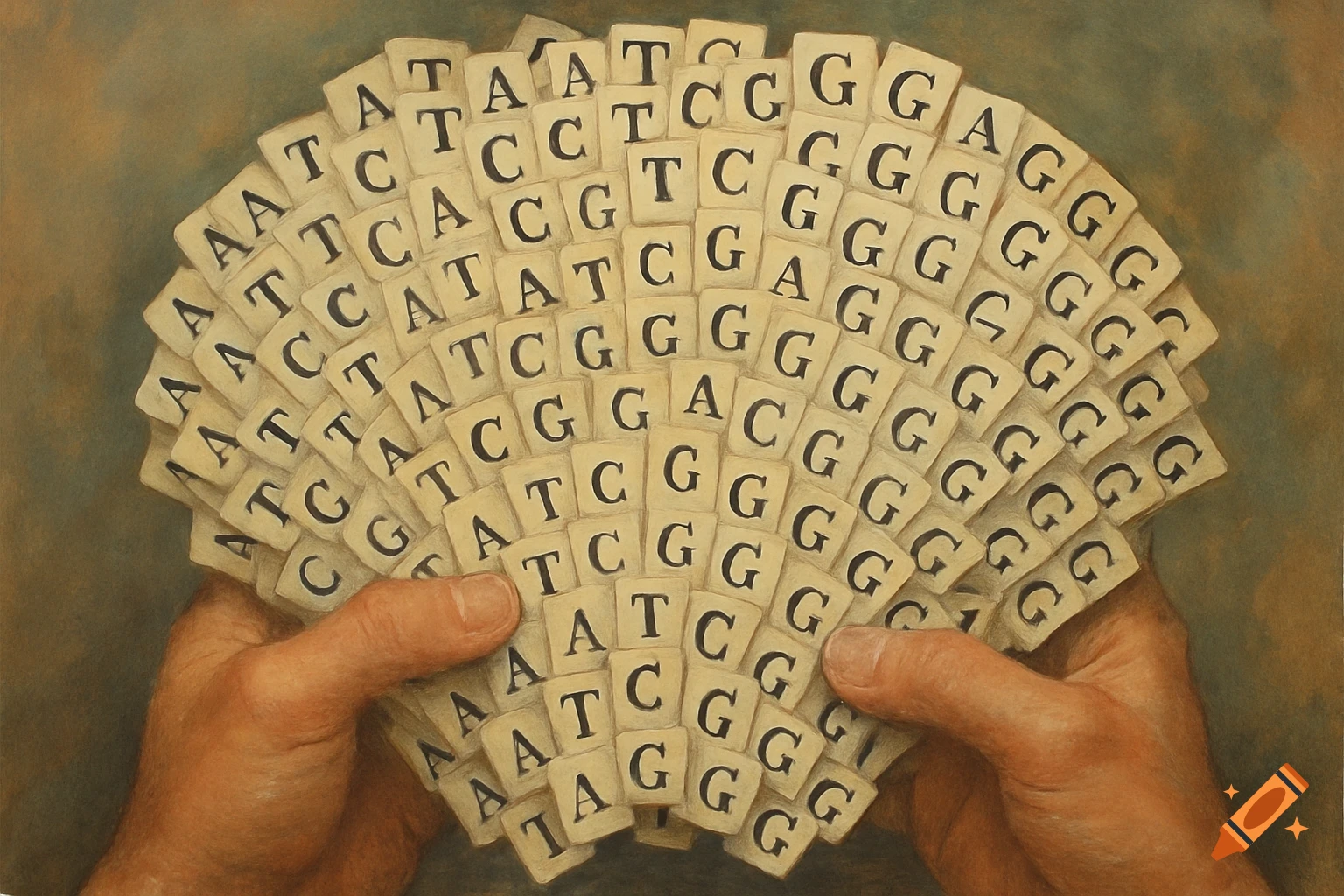 Pair of hands holding cards with letters A, T, C, and G on them.