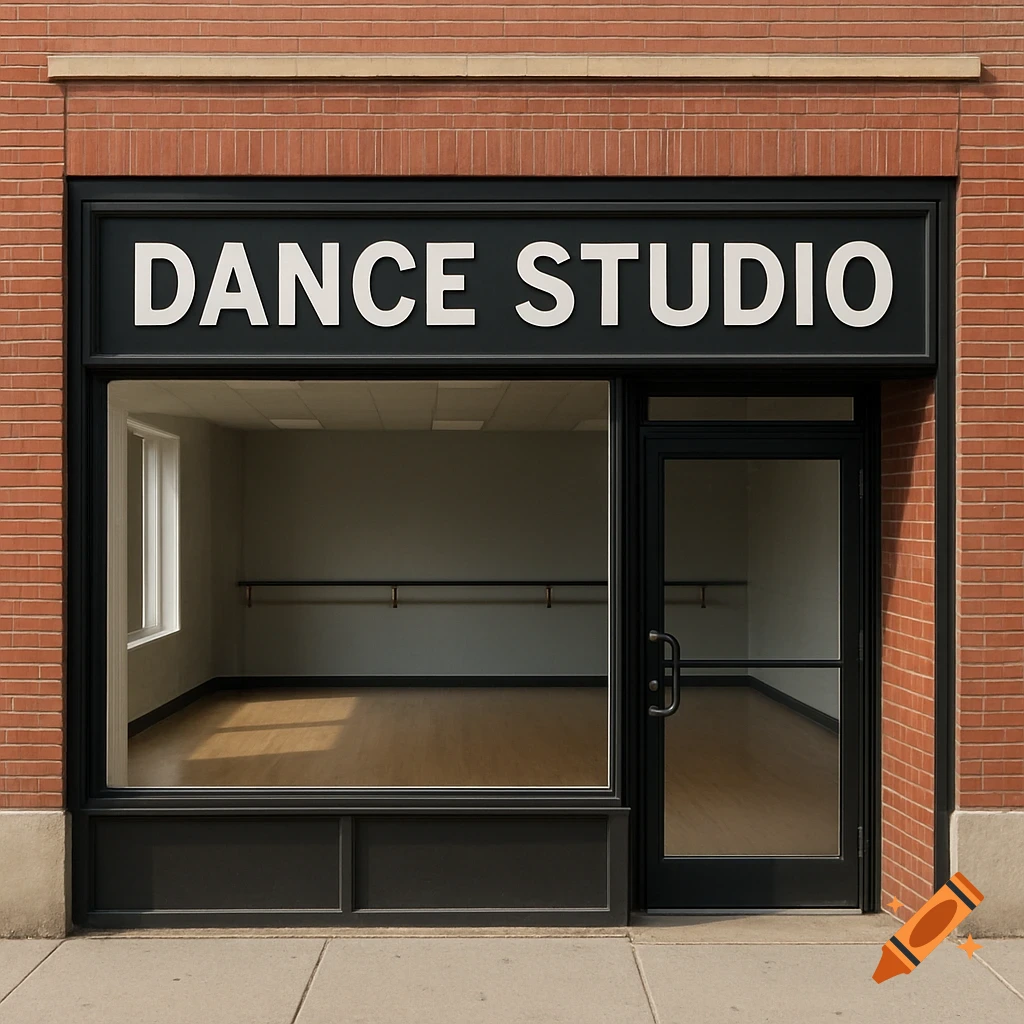 A photorealistic image of a dance studio storefront with a large window and the words DANCE STUDIO on the sign.