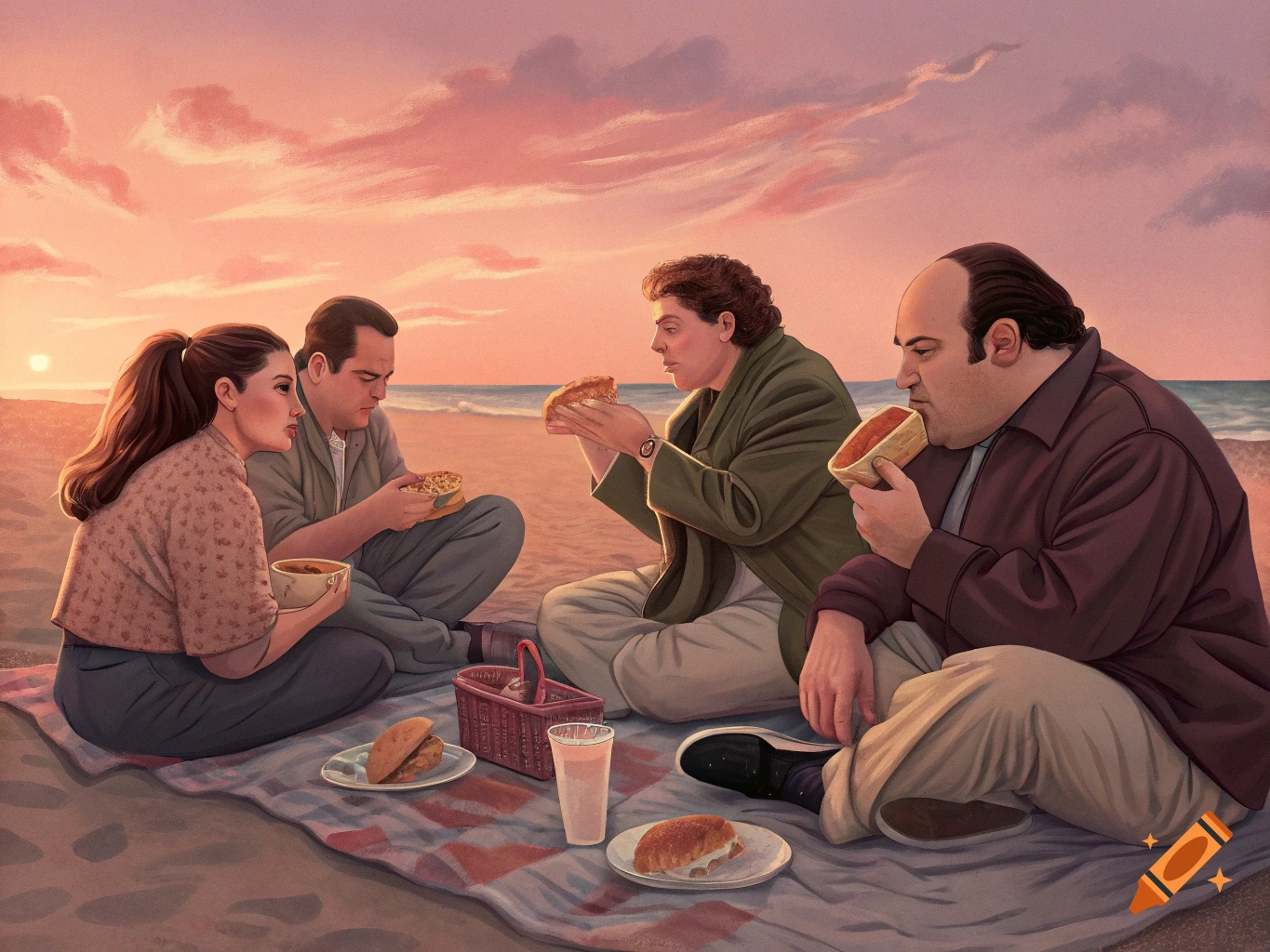 Illustration of four characters from The Sopranos having a picnic on a beach at sunset