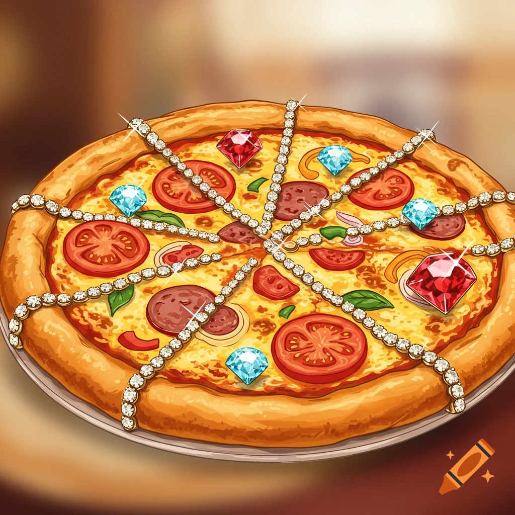 Cartoon pizza decorated with diamond chains and gems