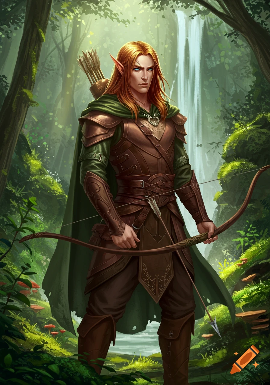 Male elf archer with long red hair in a forest with a waterfall. Digital painting.