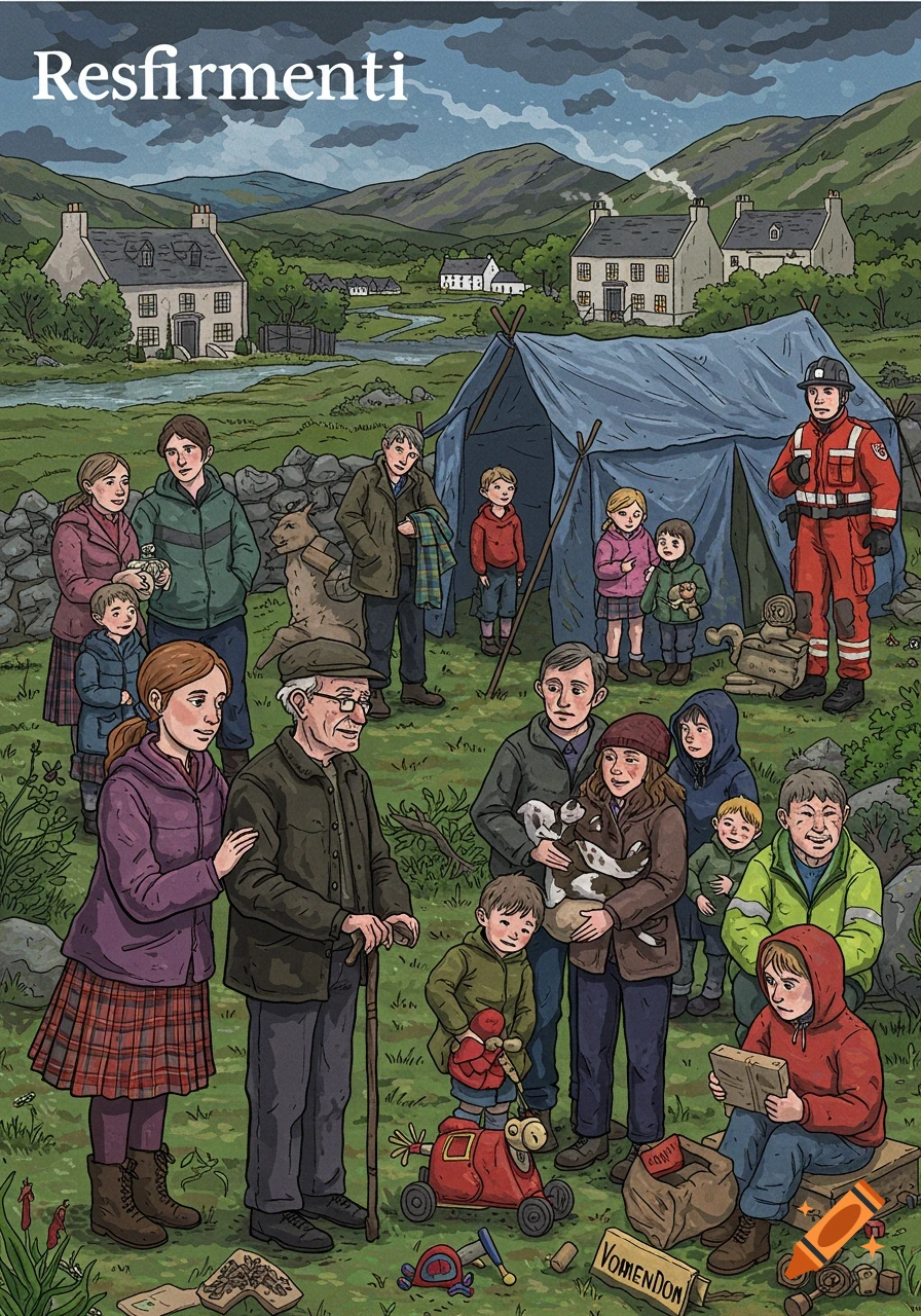 An illustration of a community gathered near a tent in a rural, mountainous landscape with a rescuer.