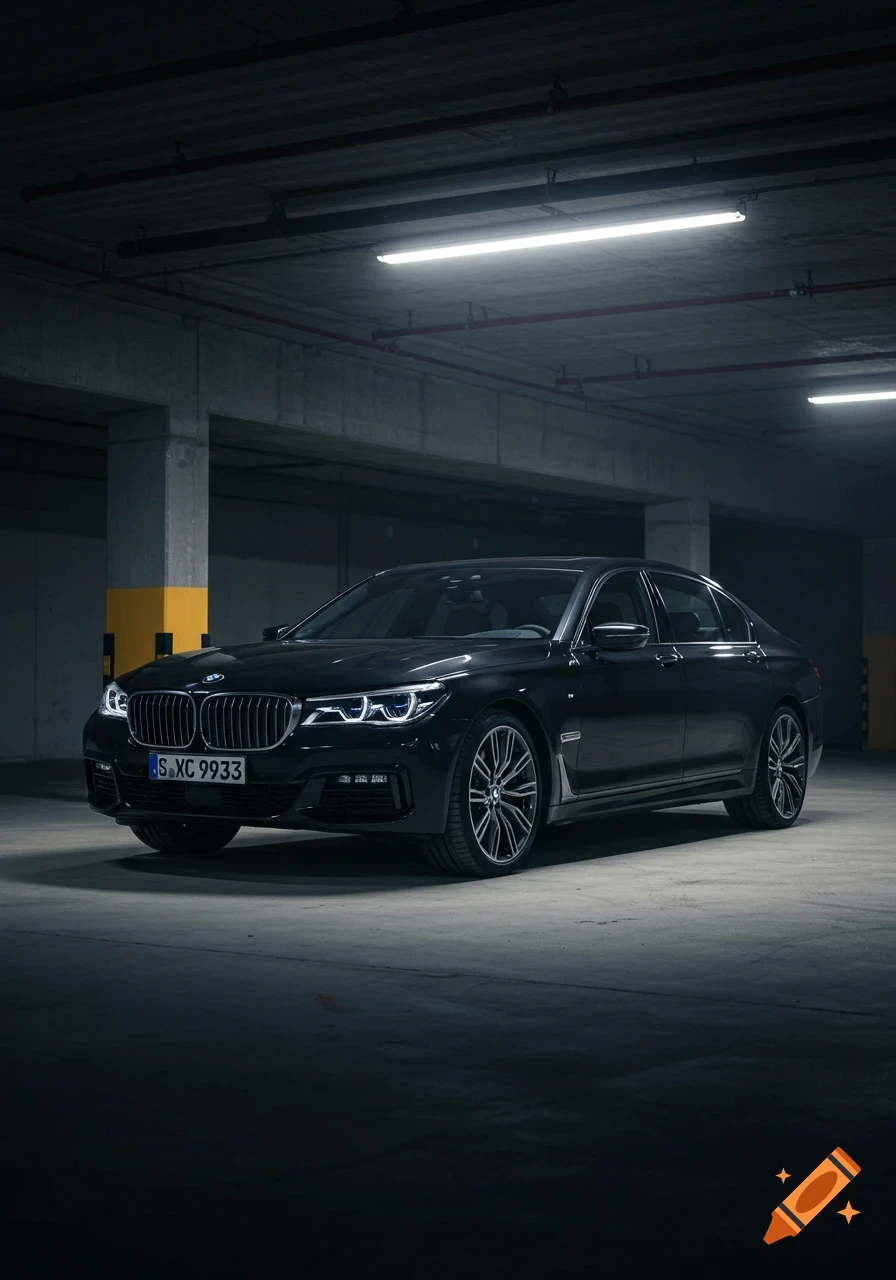 Black BMW car parked in a dimly lit concrete parking garage.