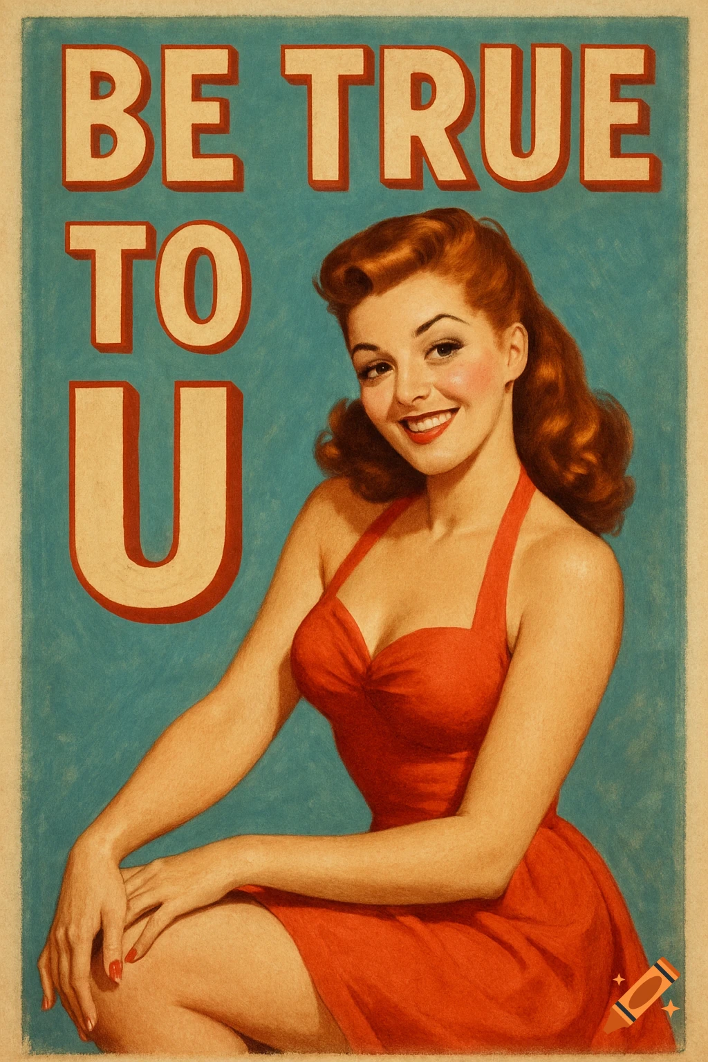 A retro pin-up illustration of a woman in a red dress smiling, with the text "BE TRUE TO U" above.